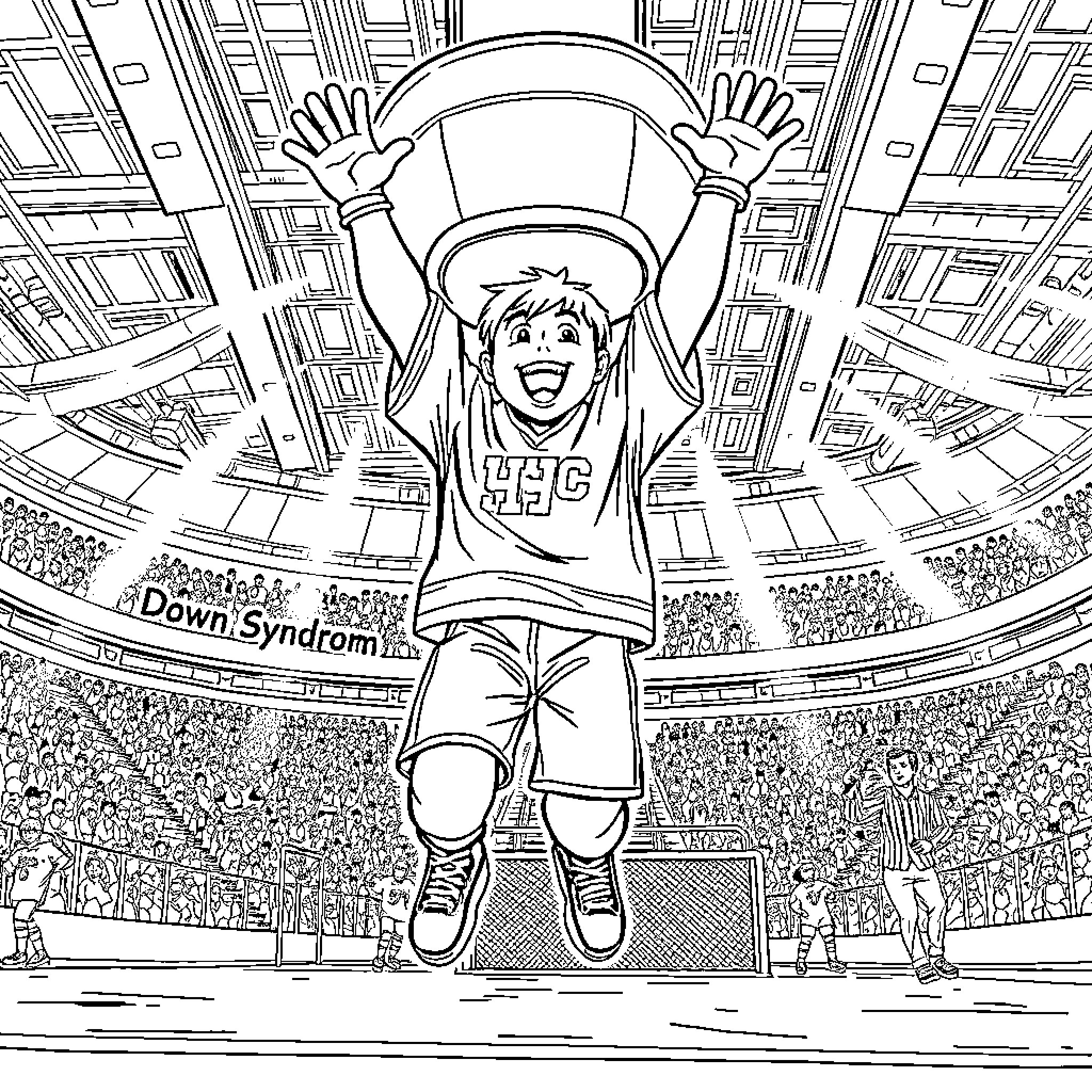 Person celebrating cheerfully on stadium field Coloring Page (free black-and-white line drawing printable PDF for all, from beginners to advanced learners, including children, teens, adults, and seniors)
