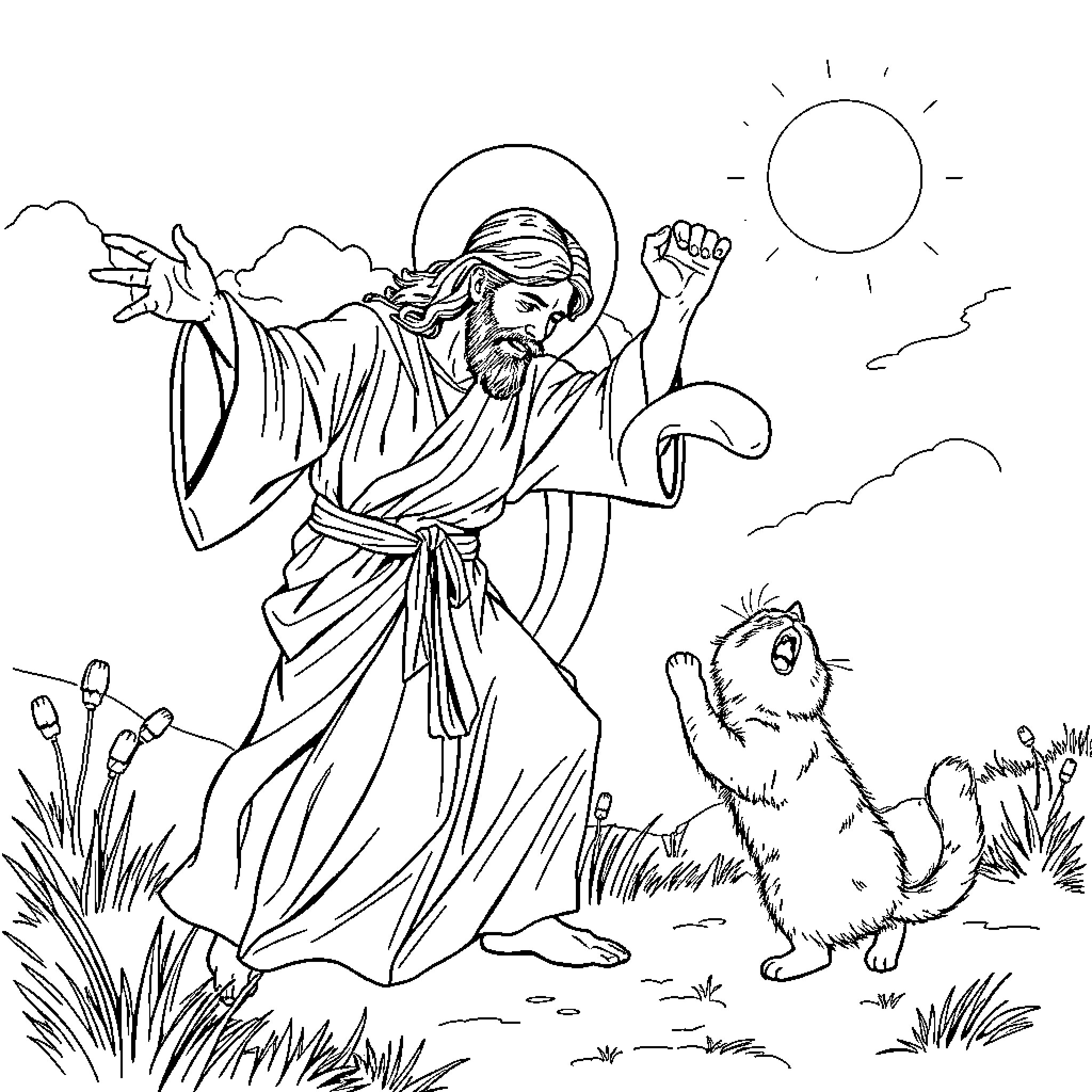 Jesus teaching and blessing a small animal in nature Coloring Page (free black-and-white line drawing printable PDF for all, from beginners to advanced learners, including children, teens, adults, and seniors)