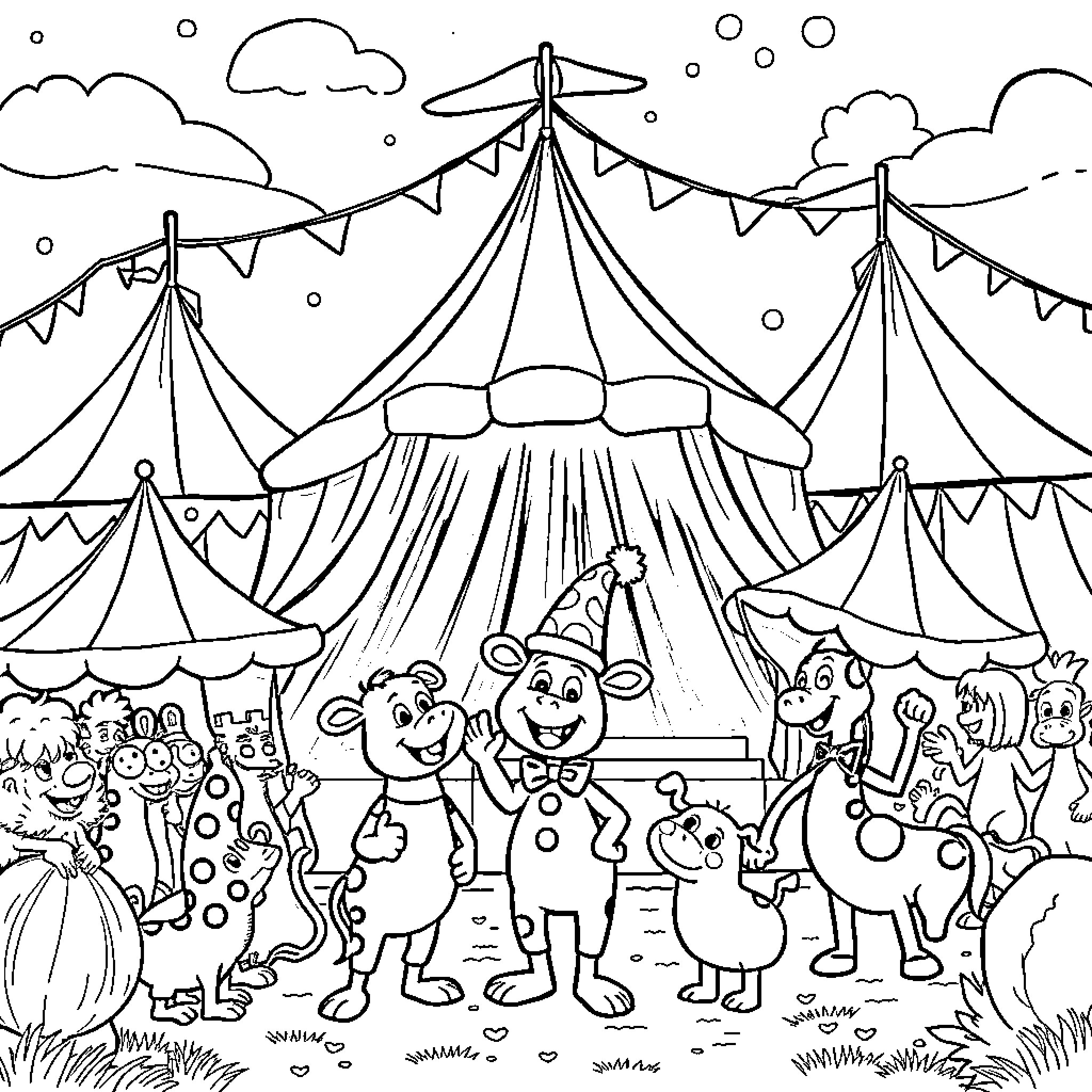 Plimplim Circus Fun with Joyful Performers Coloring Page (free black-and-white line drawing printable PDF for all, from beginners to advanced learners, including children, teens, adults, and seniors)
