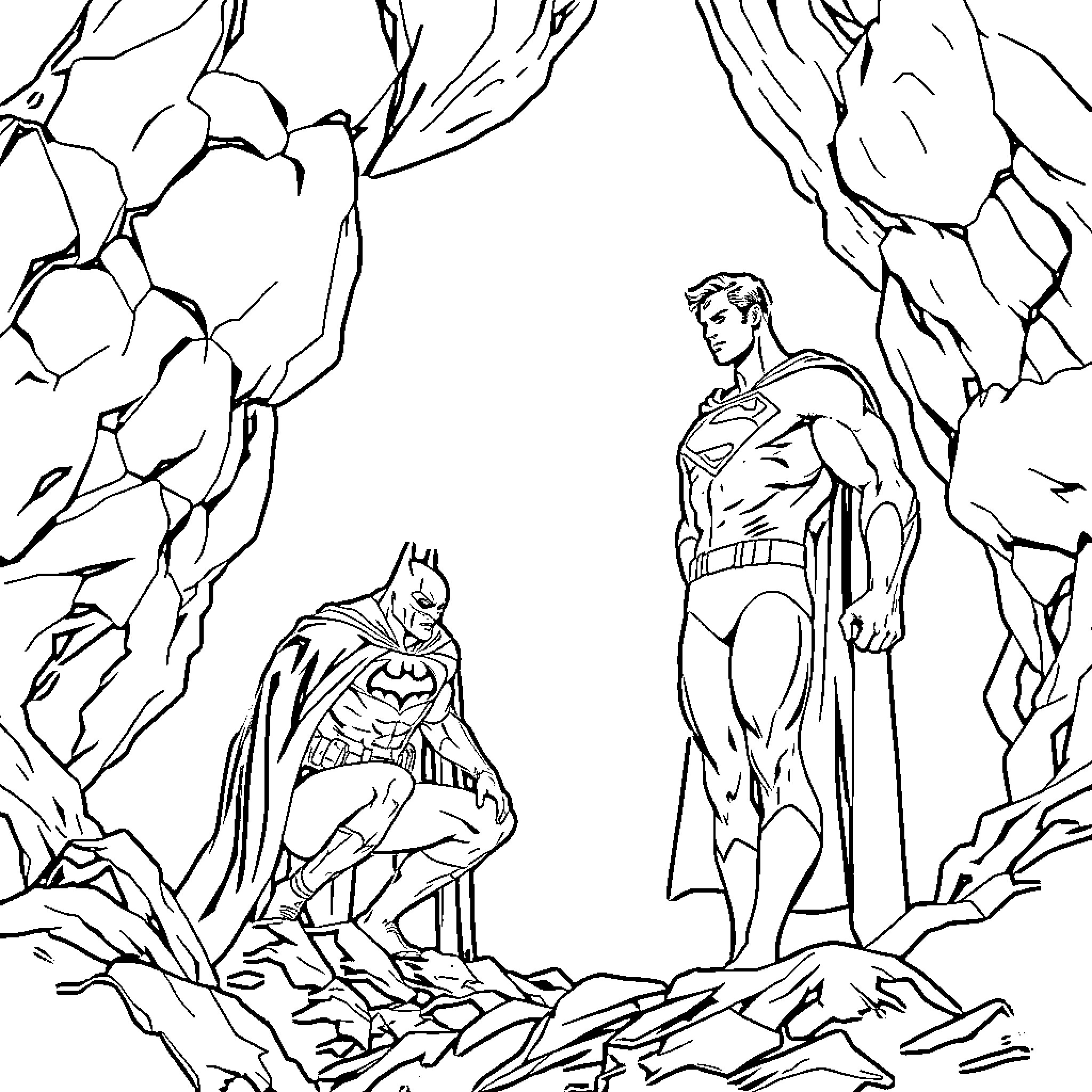 Superman and Batman confront each other in a rocky landscape Coloring Page (free black-and-white line drawing printable PDF for all, from beginners to advanced learners, including children, teens, adults, and seniors)