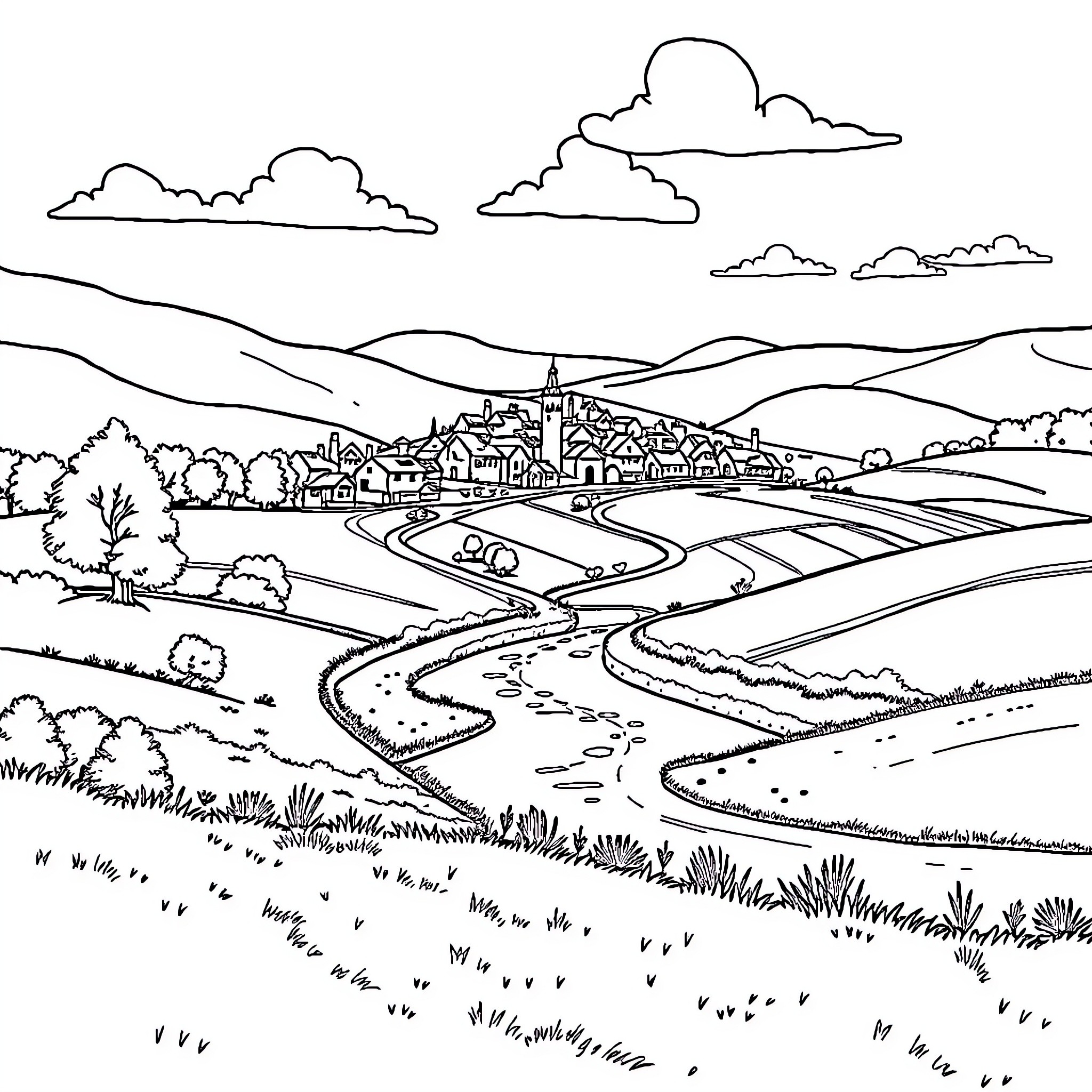 Village nestled in scenic countryside landscape Coloring Page (free black-and-white line drawing printable PDF for all, from beginners to advanced learners, including children, teens, adults, and seniors)