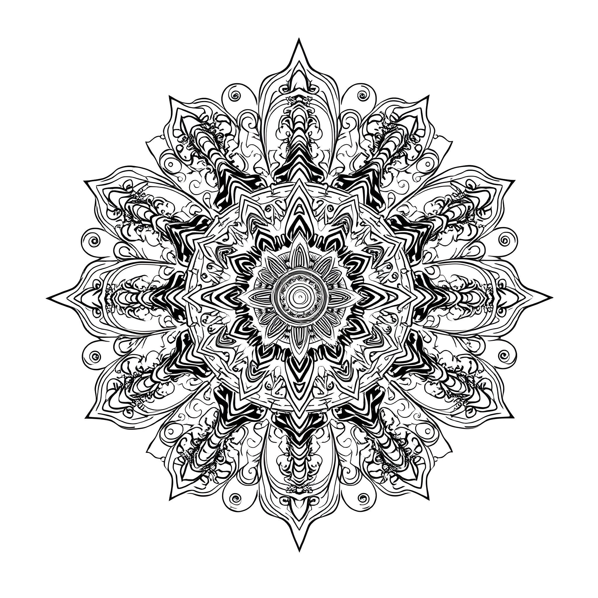 Mandala with intricate symmetrical pattern Coloring Page (free black-and-white line drawing printable PDF for all, from beginners to advanced learners, including children, teens, adults, and seniors)