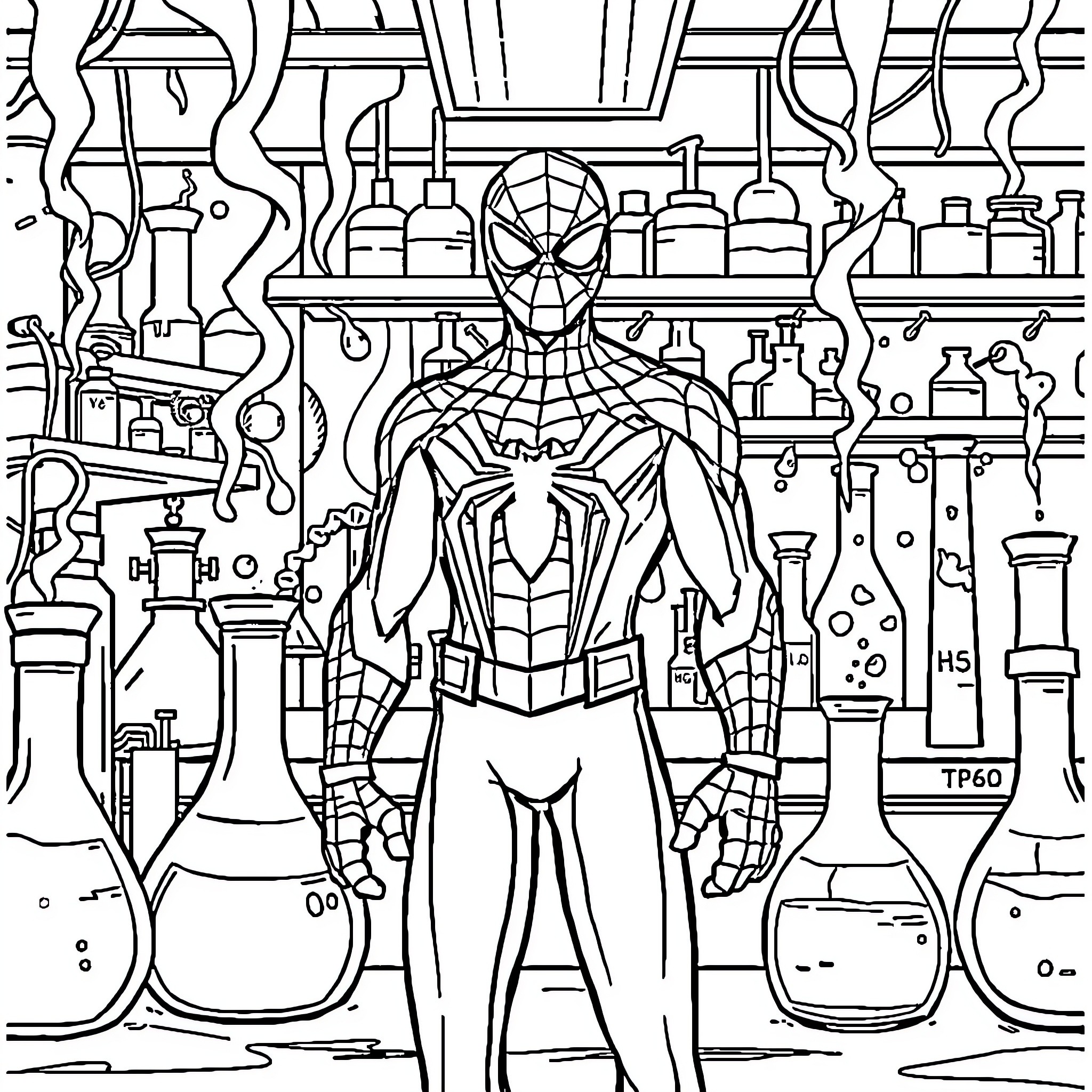 Spider-Man in a Scientist's Laboratory Coloring Page (free black-and-white line drawing printable PDF for all, from beginners to advanced learners, including children, teens, adults, and seniors)