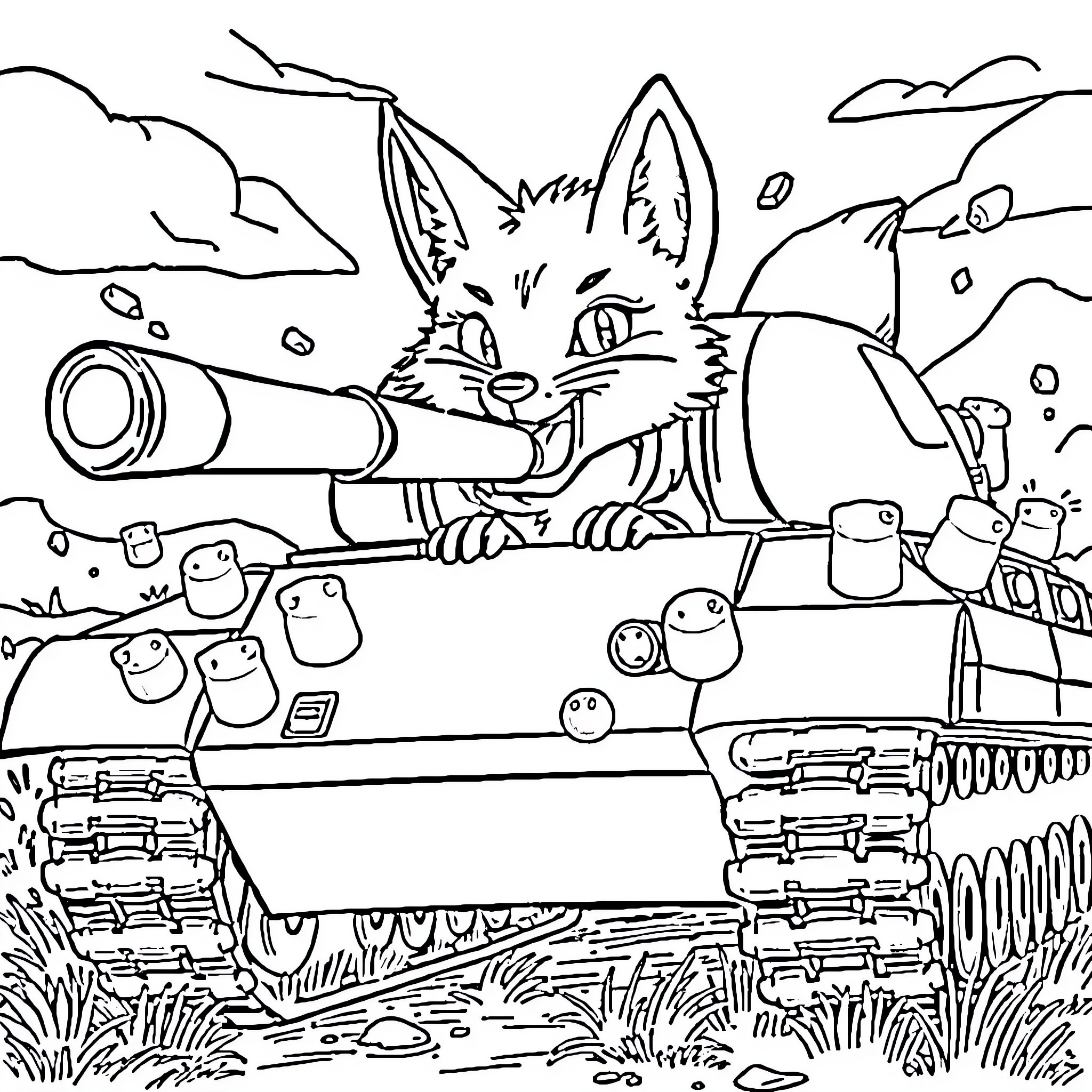 Fox operating a powerful tank on the battlefield Coloring Page (free black-and-white line drawing printable PDF for all, from beginners to advanced learners, including children, teens, adults, and seniors)