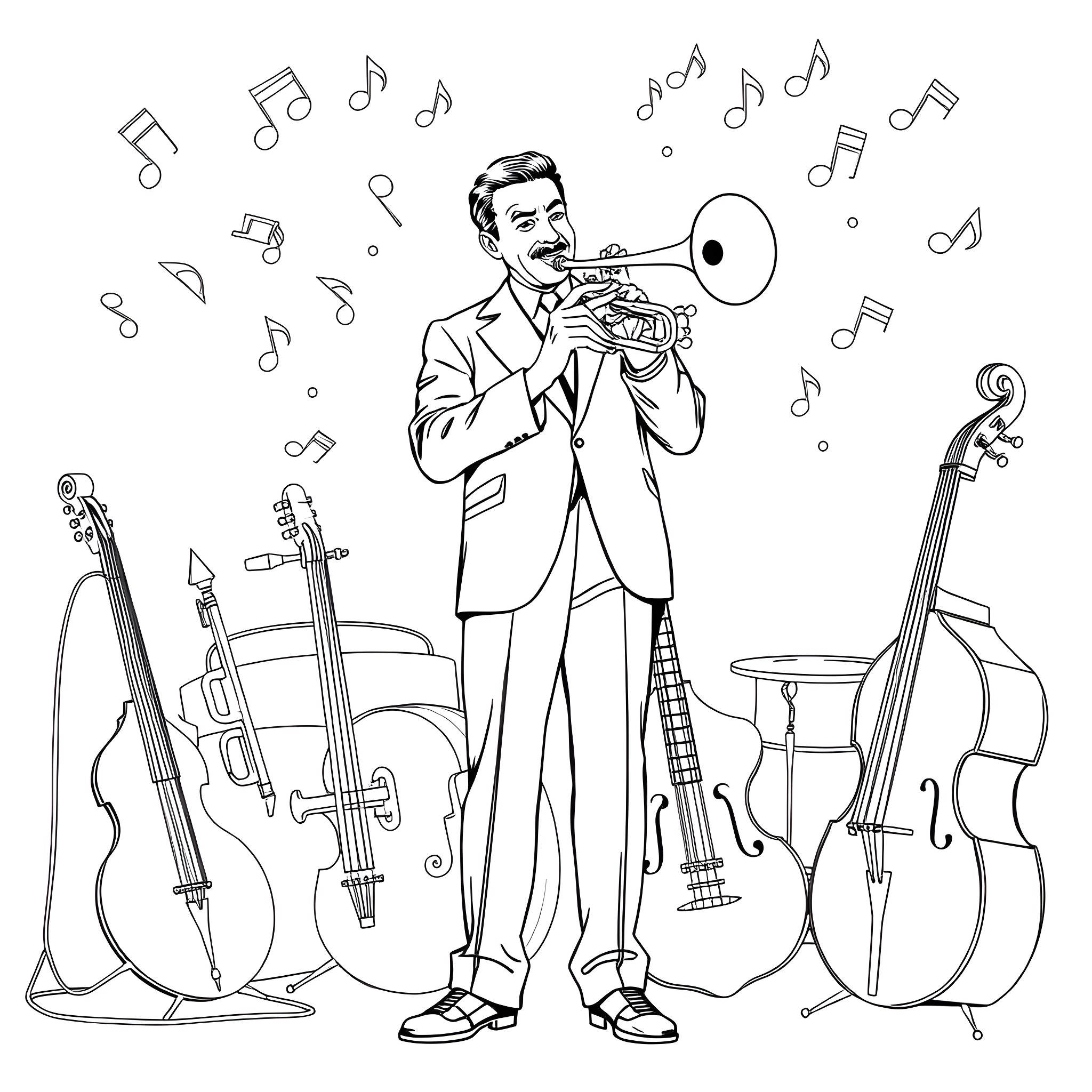 Bix Beiderbecke performing with musical instruments Coloring Page (free black-and-white line drawing printable PDF for all, from beginners to advanced learners, including children, teens, adults, and seniors)