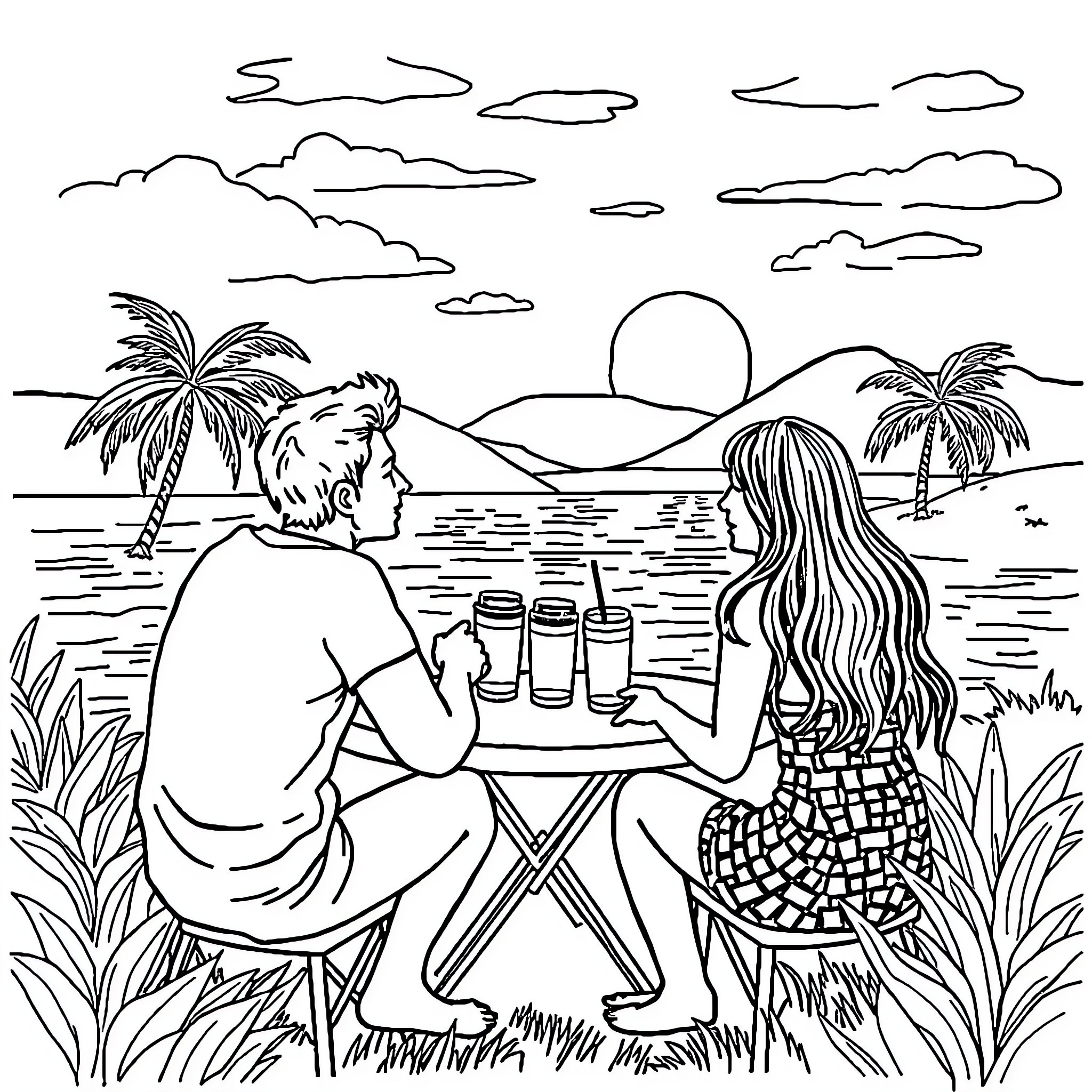 Weekend sunset beach picnic with friends Coloring Page (free black-and-white line drawing printable PDF for all, from beginners to advanced learners, including children, teens, adults, and seniors)