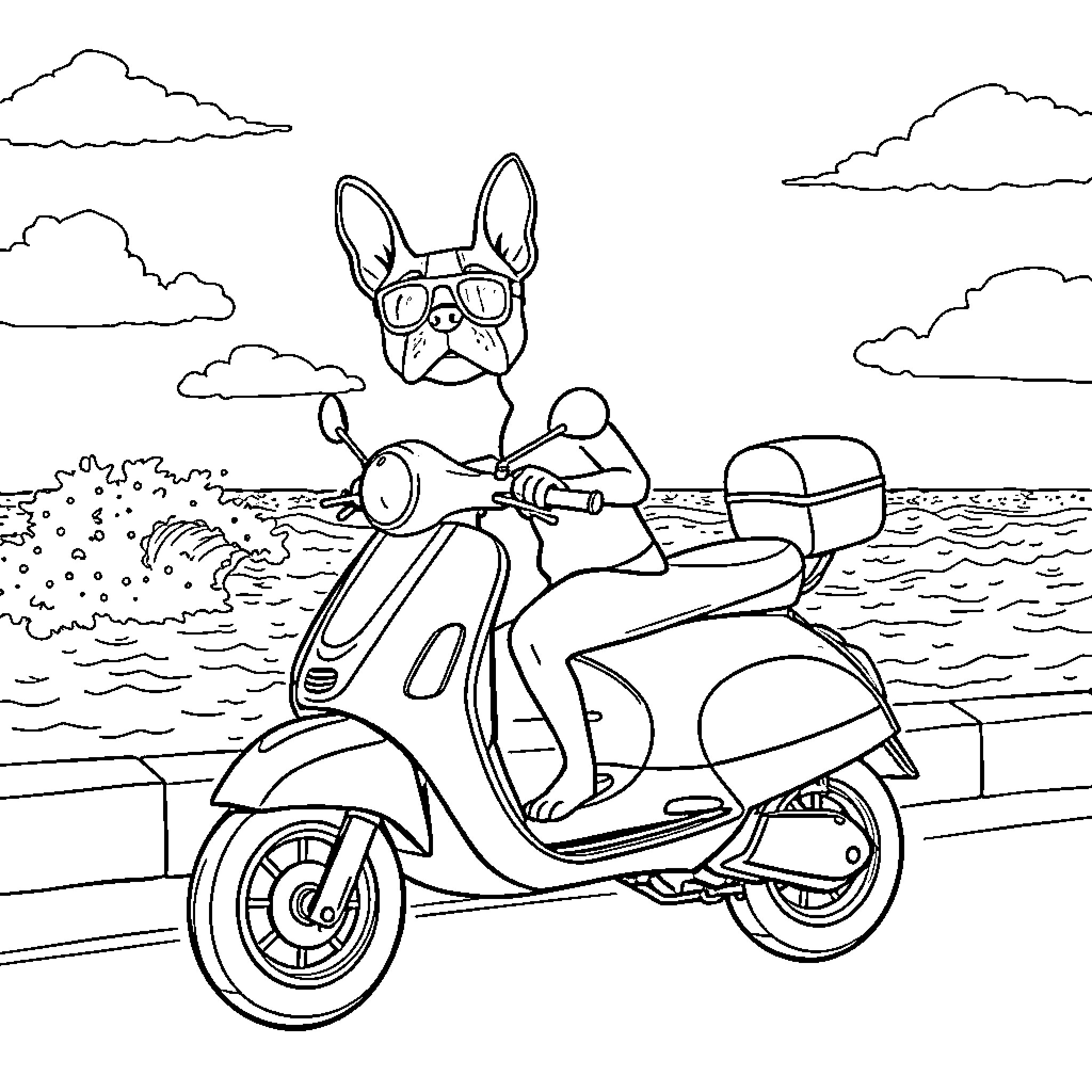 Boston Terrier riding scooter on the beach Coloring Page (free black-and-white line drawing printable PDF for all, from beginners to advanced learners, including children, teens, adults, and seniors)