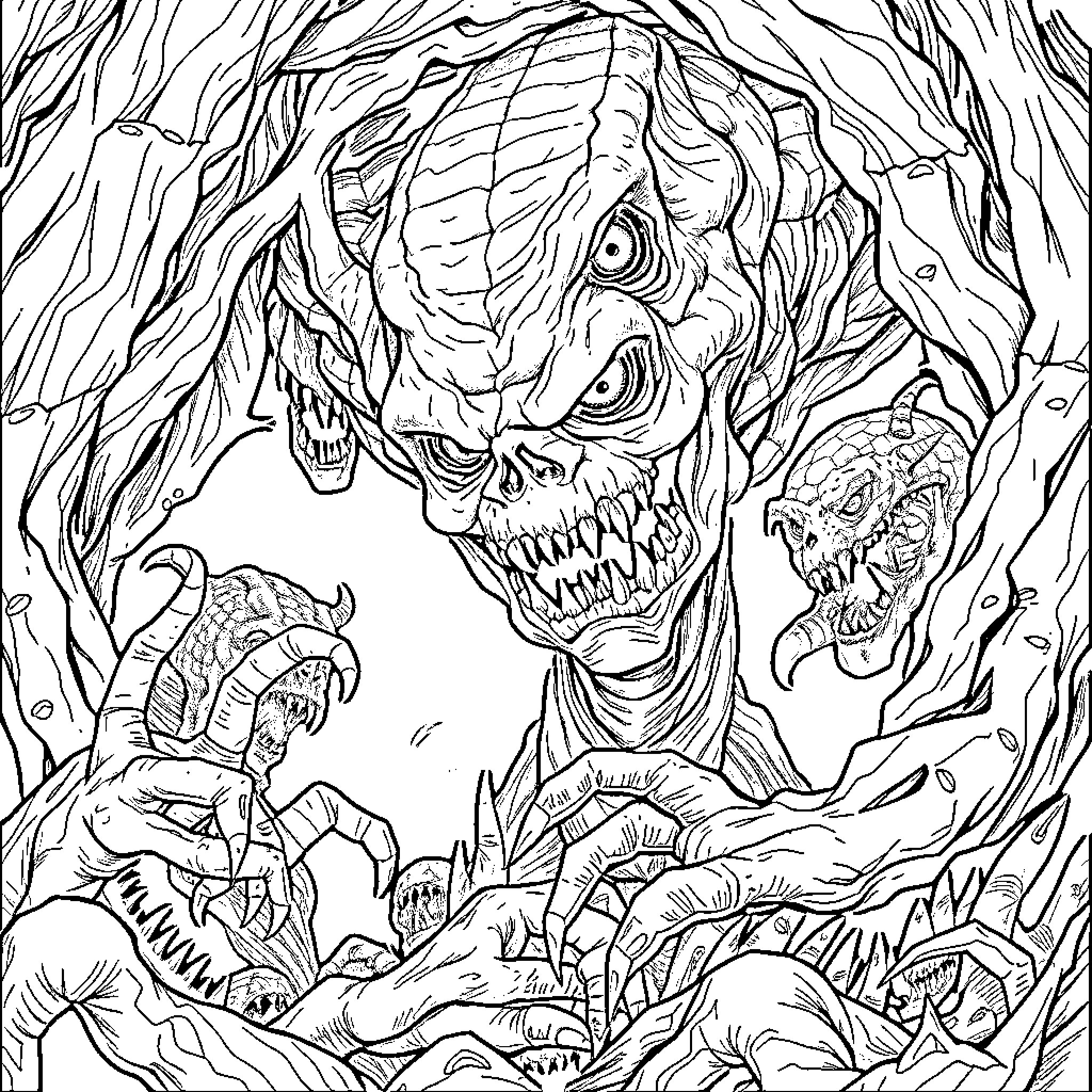 Creature emerging from twisted and thorny environment Coloring Page (free black-and-white line drawing printable PDF for all, from beginners to advanced learners, including children, teens, adults, and seniors)