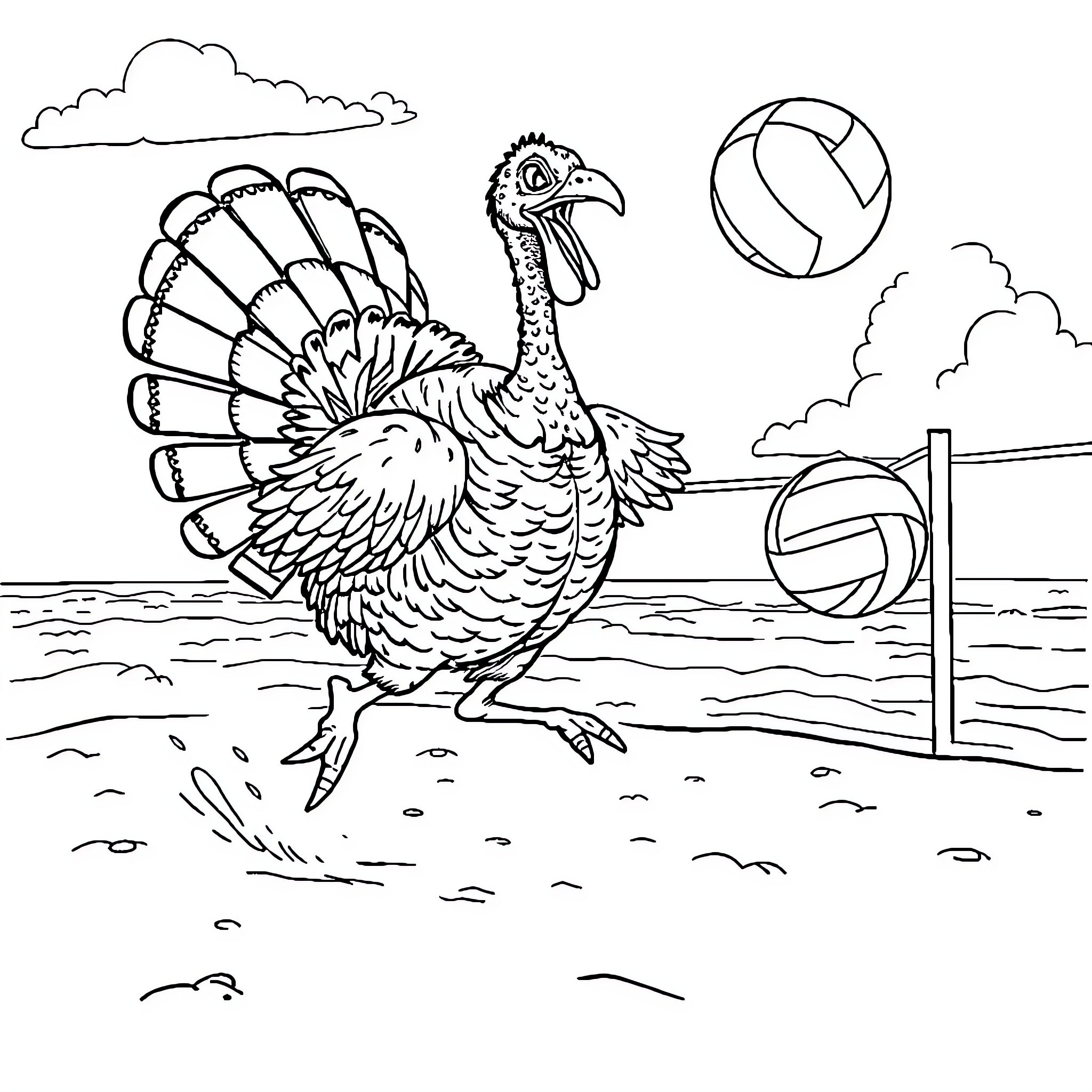 Turkey playing with volleyball on the beach Coloring Page (free black-and-white line drawing printable PDF for all, from beginners to advanced learners, including children, teens, adults, and seniors)