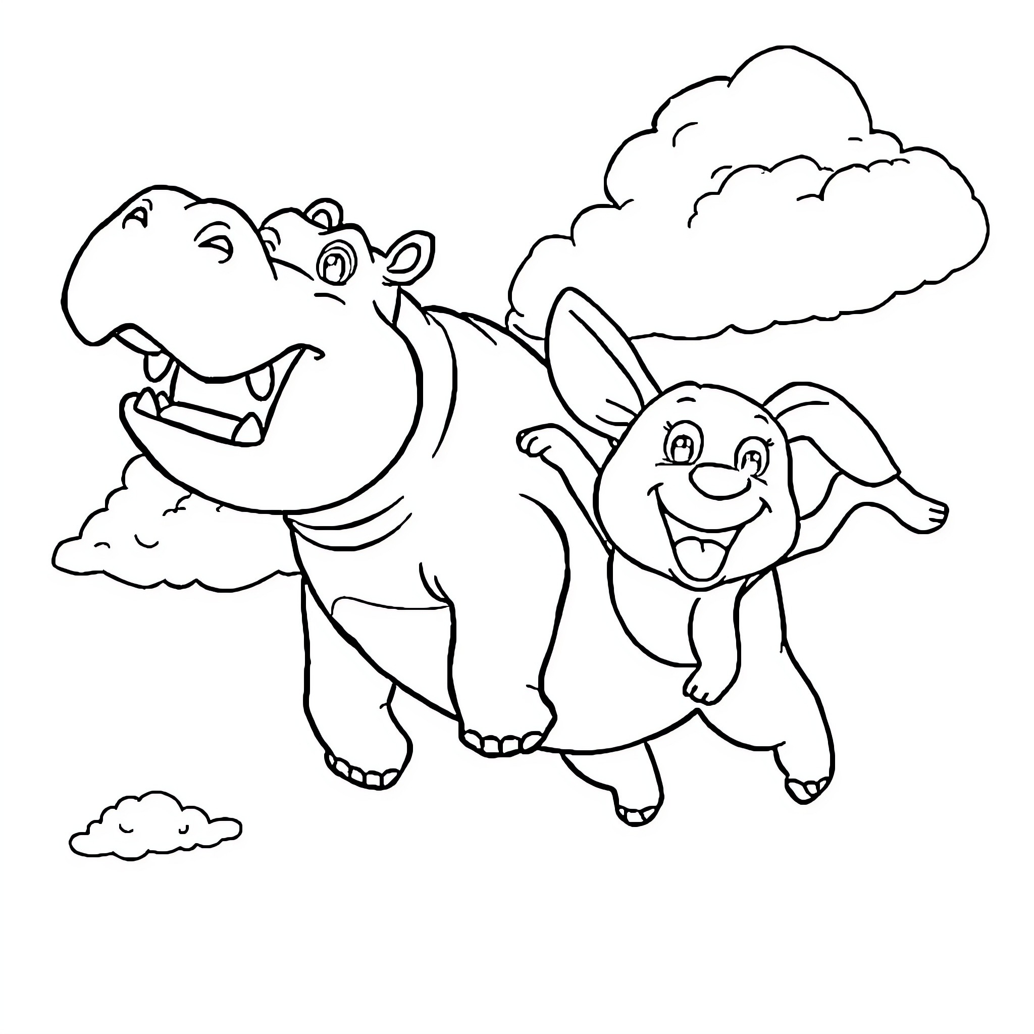 Hippo and rabbit playing happily in the clouds Coloring Page (free black-and-white line drawing printable PDF for all, from beginners to advanced learners, including children, teens, adults, and seniors)
