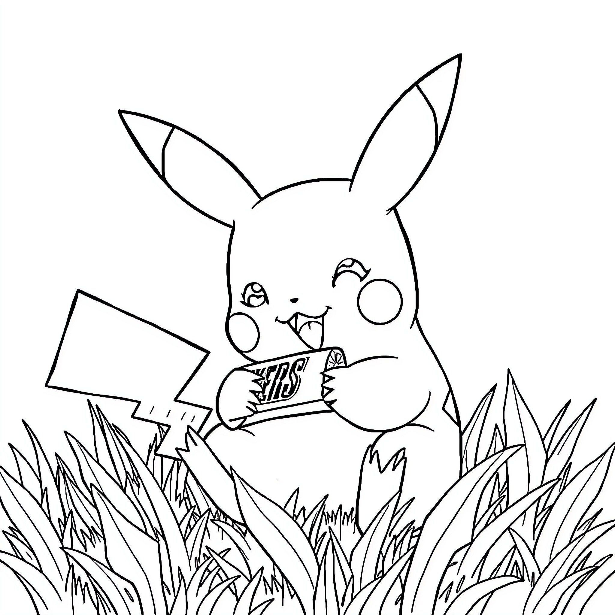 Pikachu playing a handheld game in the grass Coloring Page (free black-and-white line drawing printable PDF for all, from beginners to advanced learners, including children, teens, adults, and seniors)