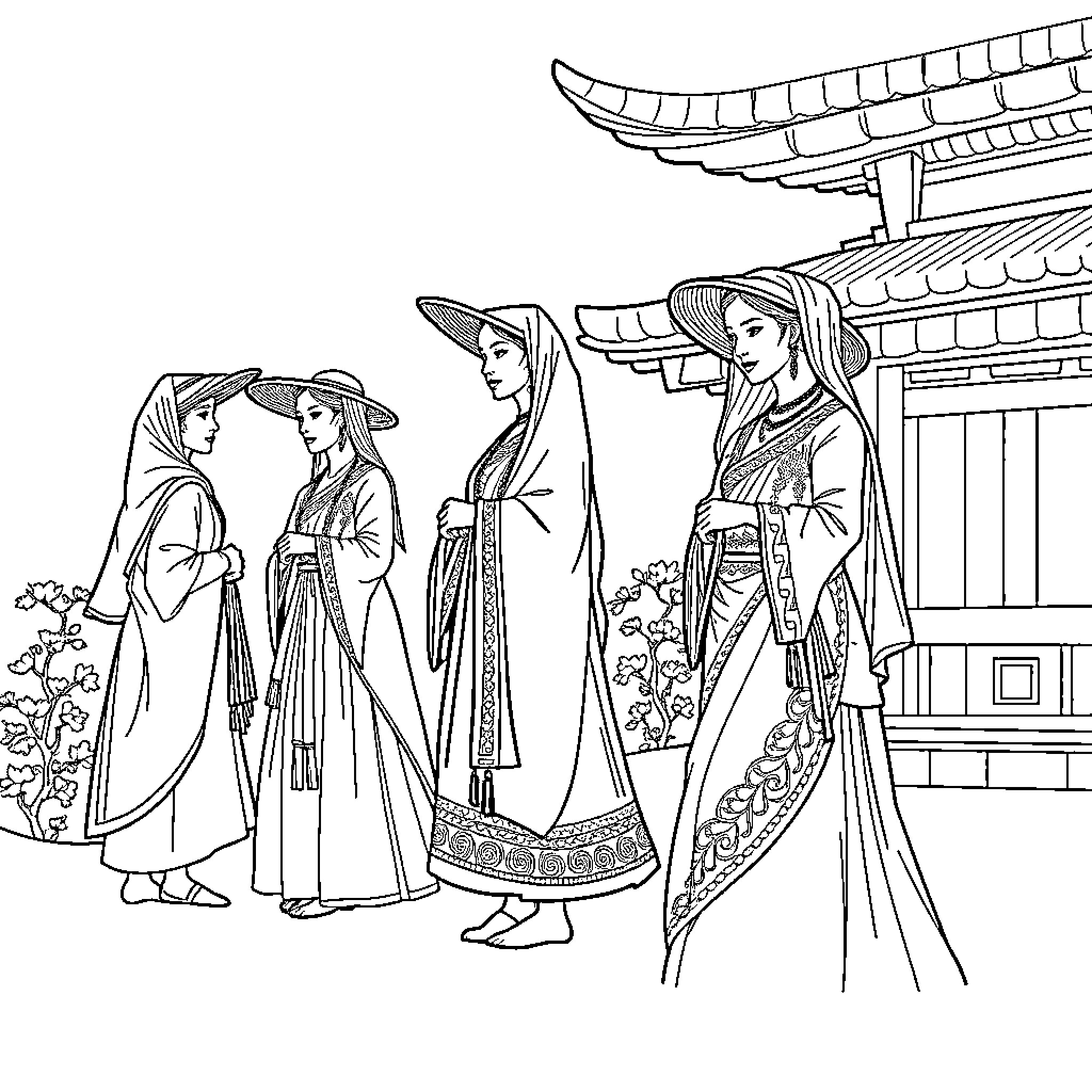 BINI Traditional Asian Figures in Formal Dress Coloring Page (free black-and-white line drawing printable PDF for all, from beginners to advanced learners, including children, teens, adults, and seniors)