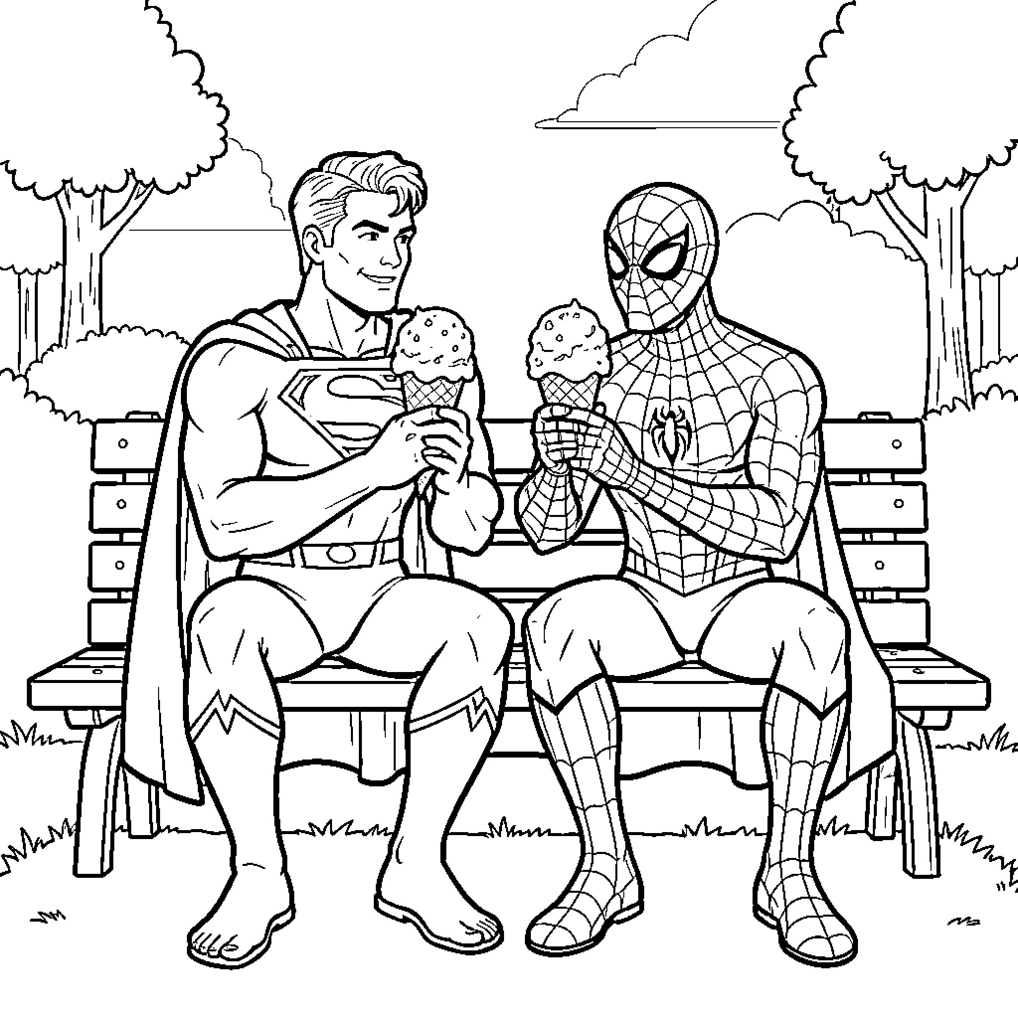 Superhero characters sitting on a bench eating ice cream Coloring Page (free black-and-white line drawing printable PDF for all, from beginners to advanced learners, including children, teens, adults, and seniors)