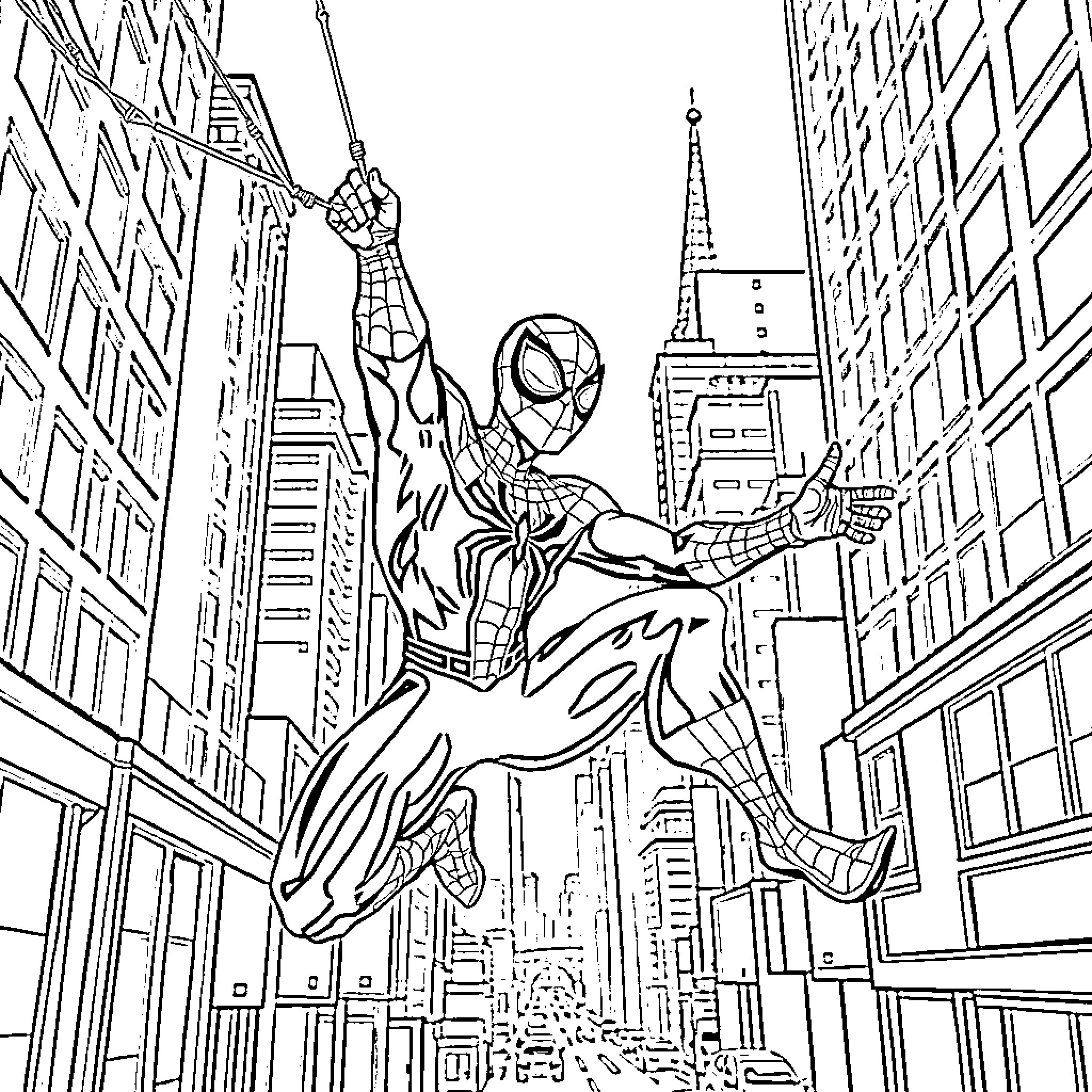 Spiderman swinging through the city skyline Coloring Page (free black-and-white line drawing printable PDF for all, from beginners to advanced learners, including children, teens, adults, and seniors)