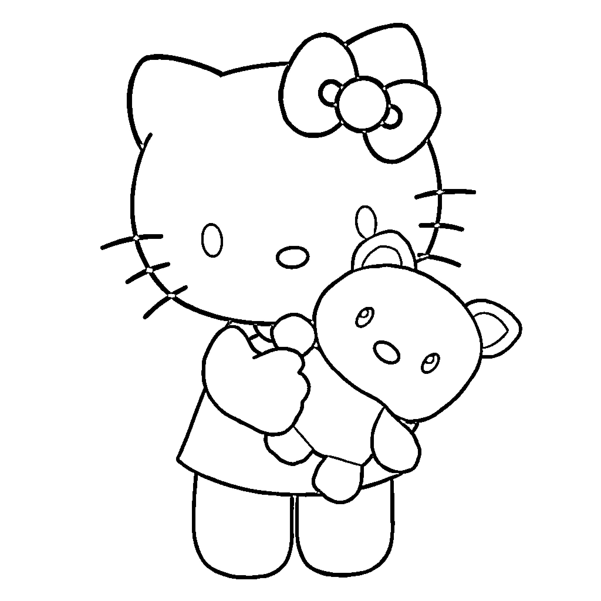 Hello Kitty hugging a teddy bear Coloring Page (free black-and-white line drawing printable PDF for all, from beginners to advanced learners, including children, teens, adults, and seniors)