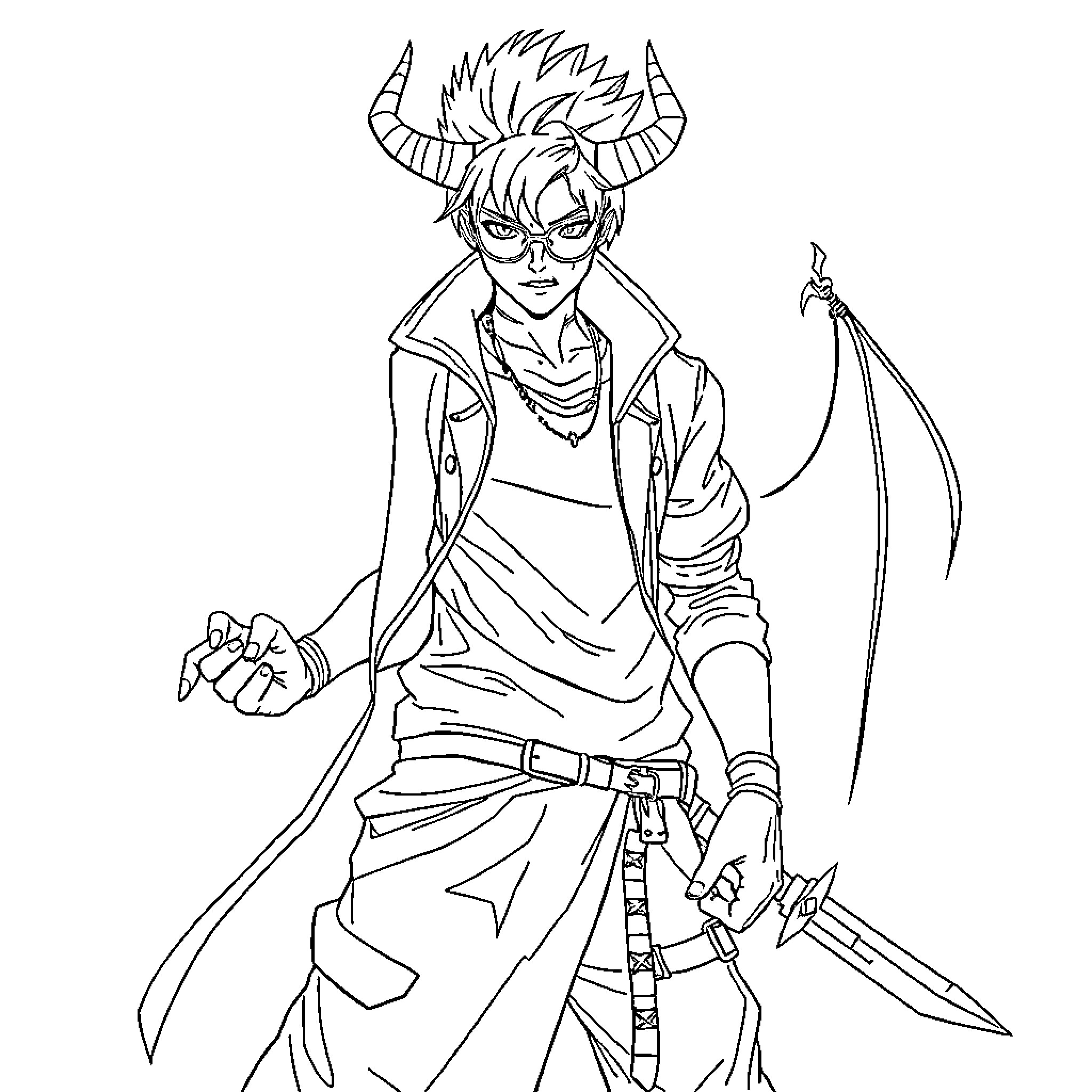 Demon Hunter wielding sword and dagger in combat stance Coloring Page (free black-and-white line drawing printable PDF for all, from beginners to advanced learners, including children, teens, adults, and seniors)