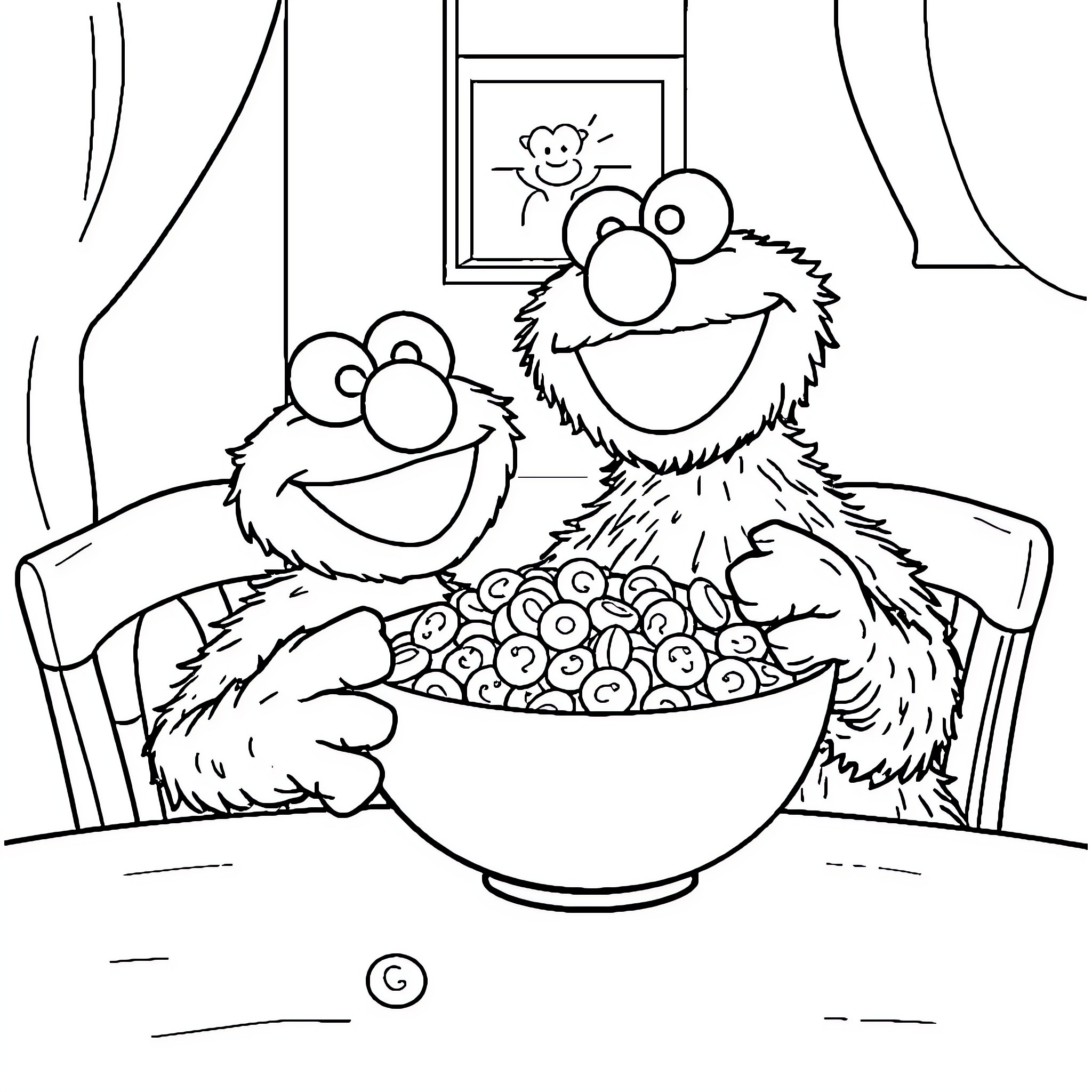 Elmo and friend enjoy a snack together Coloring Page (free black-and-white line drawing printable PDF for all, from beginners to advanced learners, including children, teens, adults, and seniors)