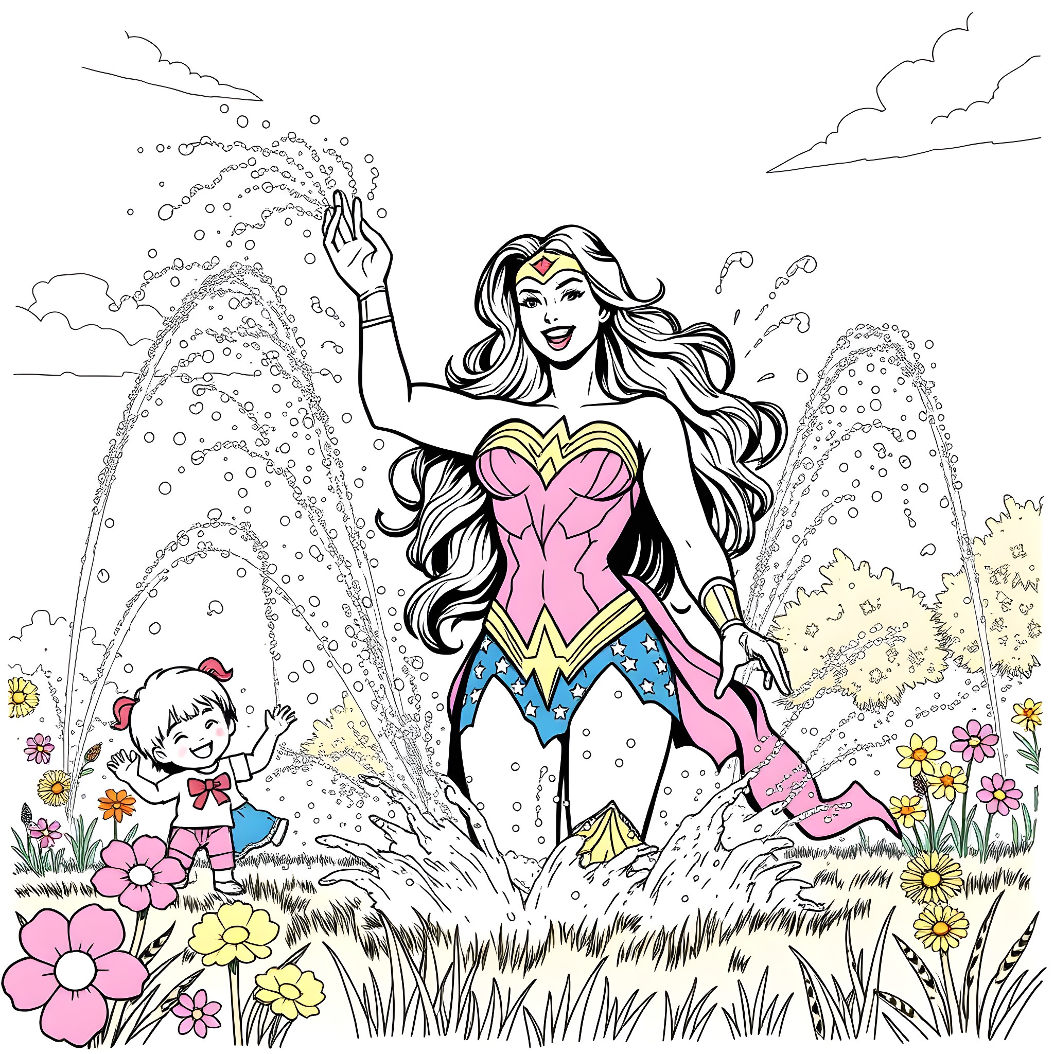 Wonder Woman frolicking joyfully in nature Coloring Page (free black-and-white line drawing printable PDF for all, from beginners to advanced learners, including children, teens, adults, and seniors)