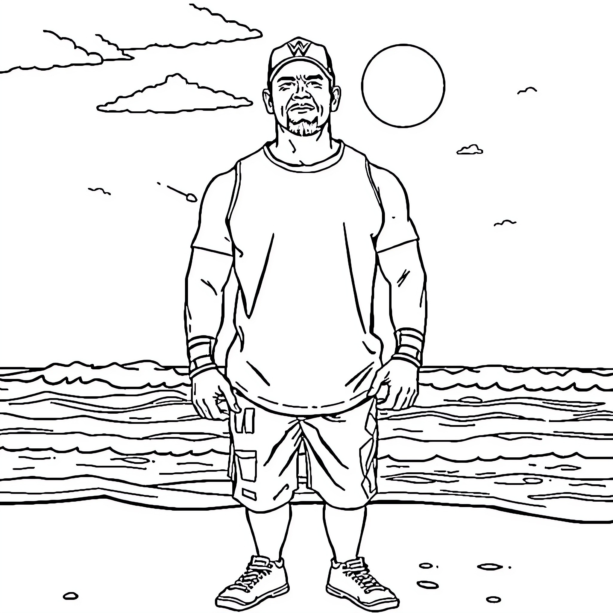 John Cena standing confidently by the ocean Coloring Page (free black-and-white line drawing printable PDF for all, from beginners to advanced learners, including children, teens, adults, and seniors)
