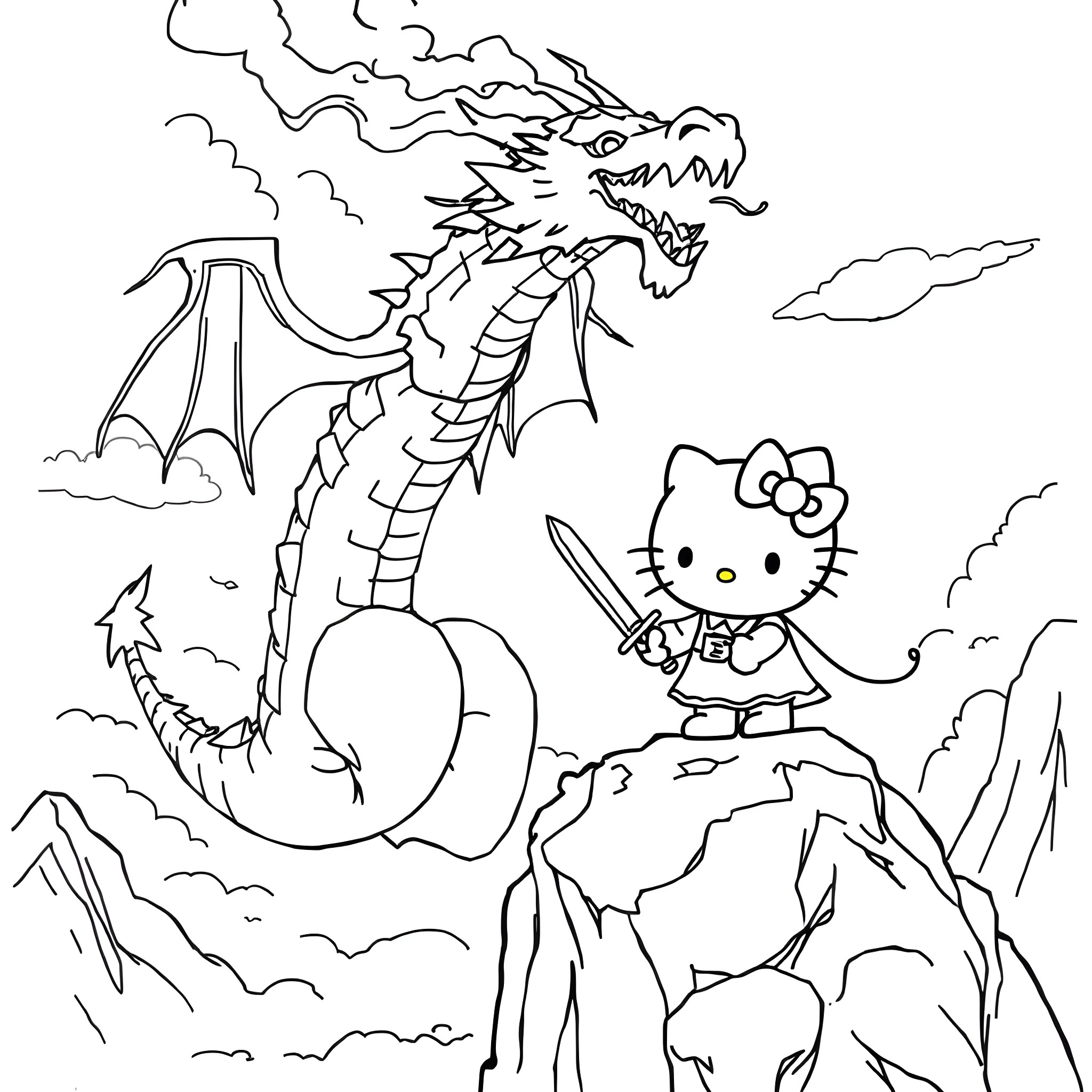 Hello Kitty battles a fierce dragon in a rocky landscape Coloring Page (free black-and-white line drawing printable PDF for all, from beginners to advanced learners, including children, teens, adults, and seniors)