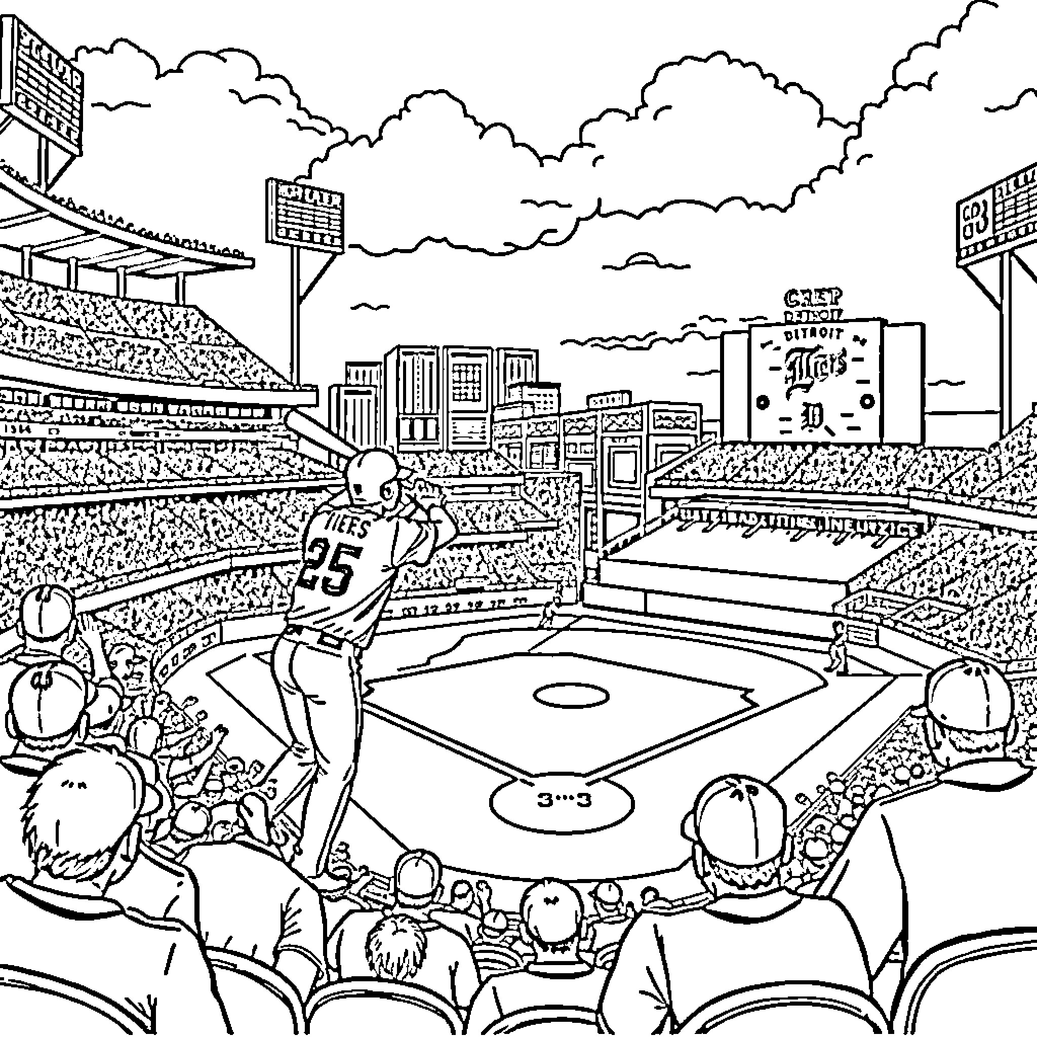 Tiger pitching on the baseball diamond Coloring Page (free black-and-white line drawing printable PDF for all, from beginners to advanced learners, including children, teens, adults, and seniors)