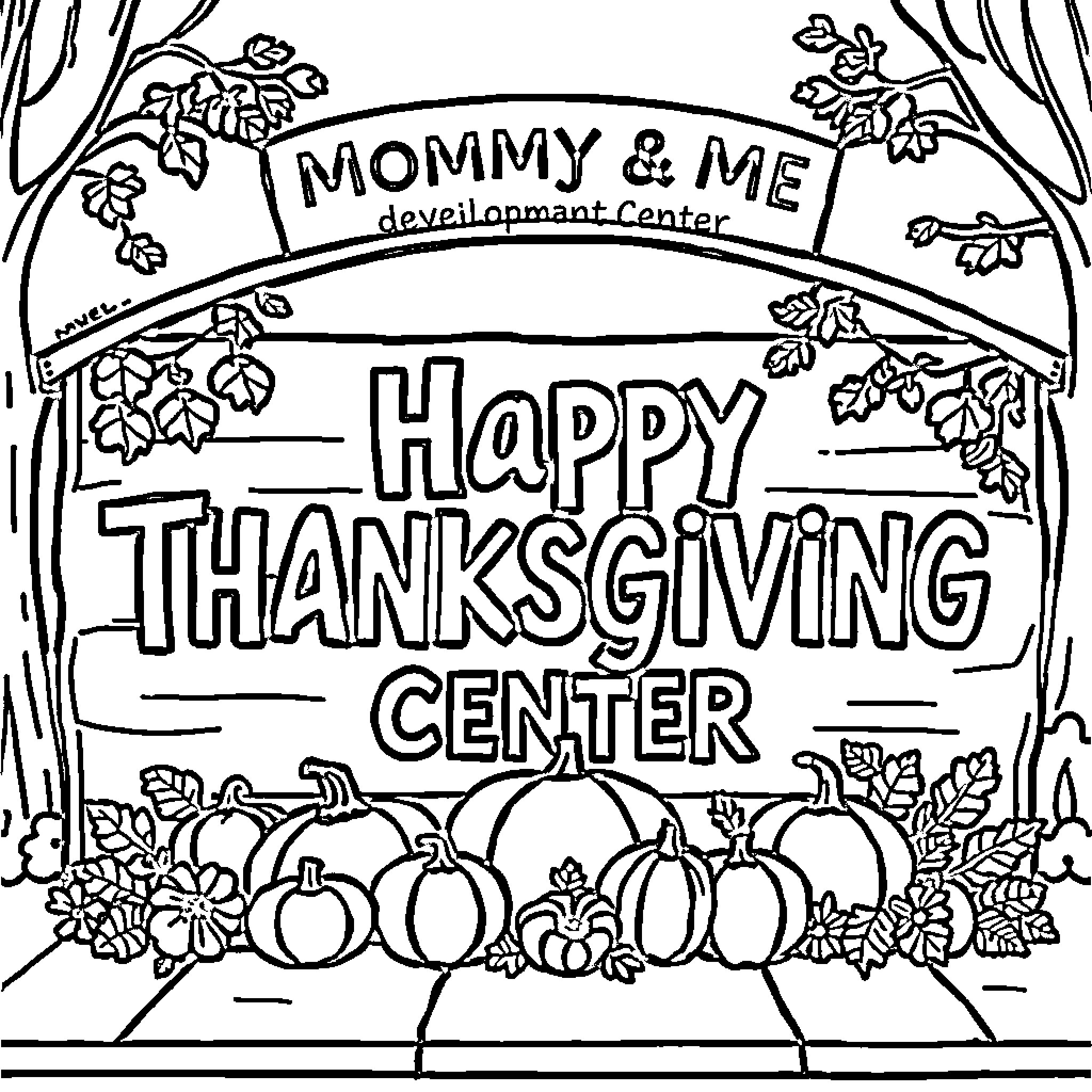 Thanksgiving Celebration at Development Center Coloring Page (free black-and-white line drawing printable PDF for all, from beginners to advanced learners, including children, teens, adults, and seniors)