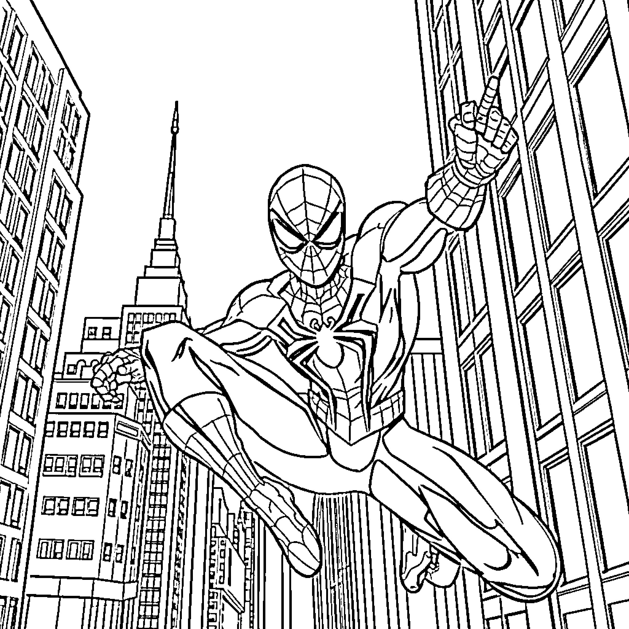 Spider-Man swinging through the city skyline Coloring Page (free black-and-white line drawing printable PDF for all, from beginners to advanced learners, including children, teens, adults, and seniors)