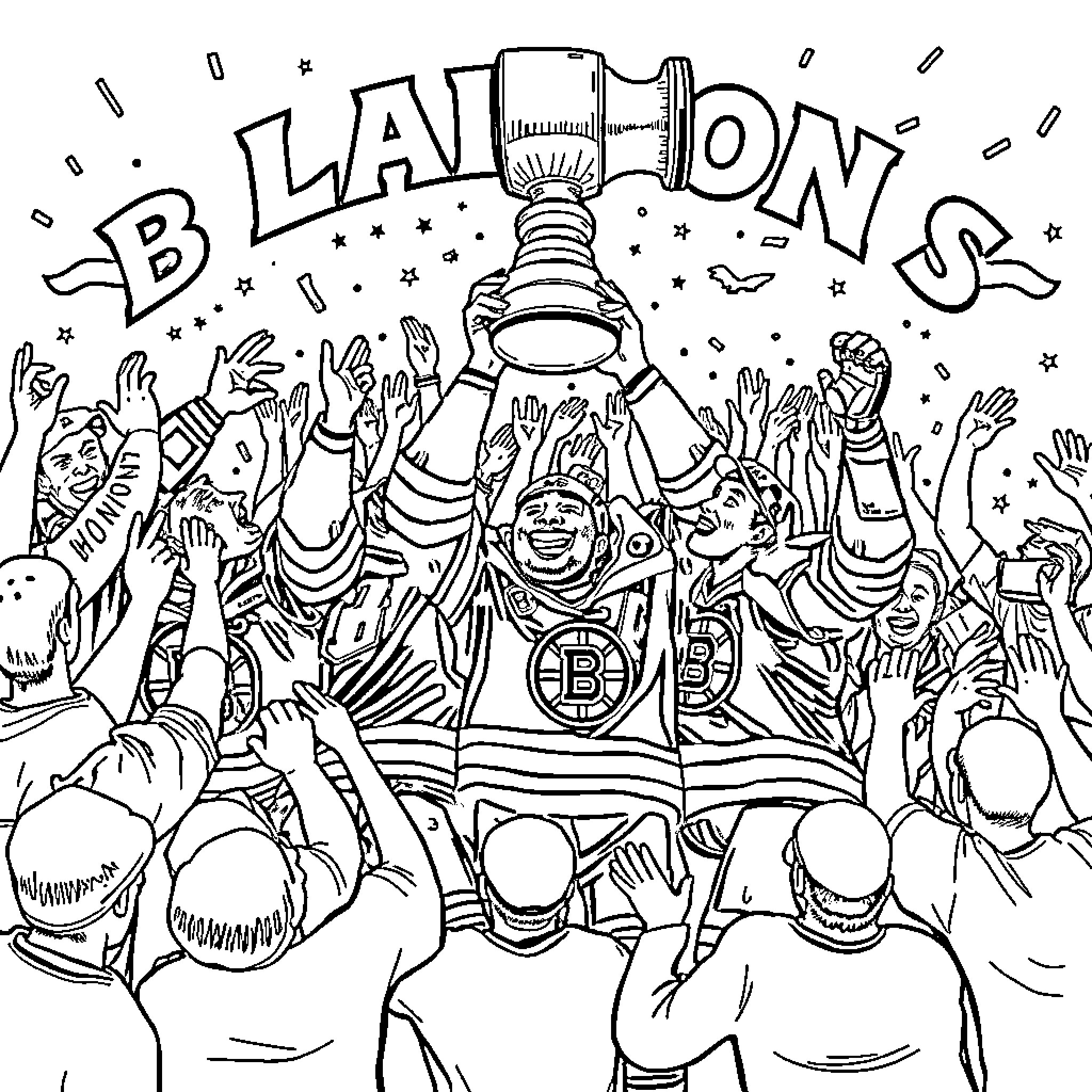 Bruin's Victorious Celebration: Fans Cheering with the Trophy Coloring Page (free black-and-white line drawing printable PDF for all, from beginners to advanced learners, including children, teens, adults, and seniors)