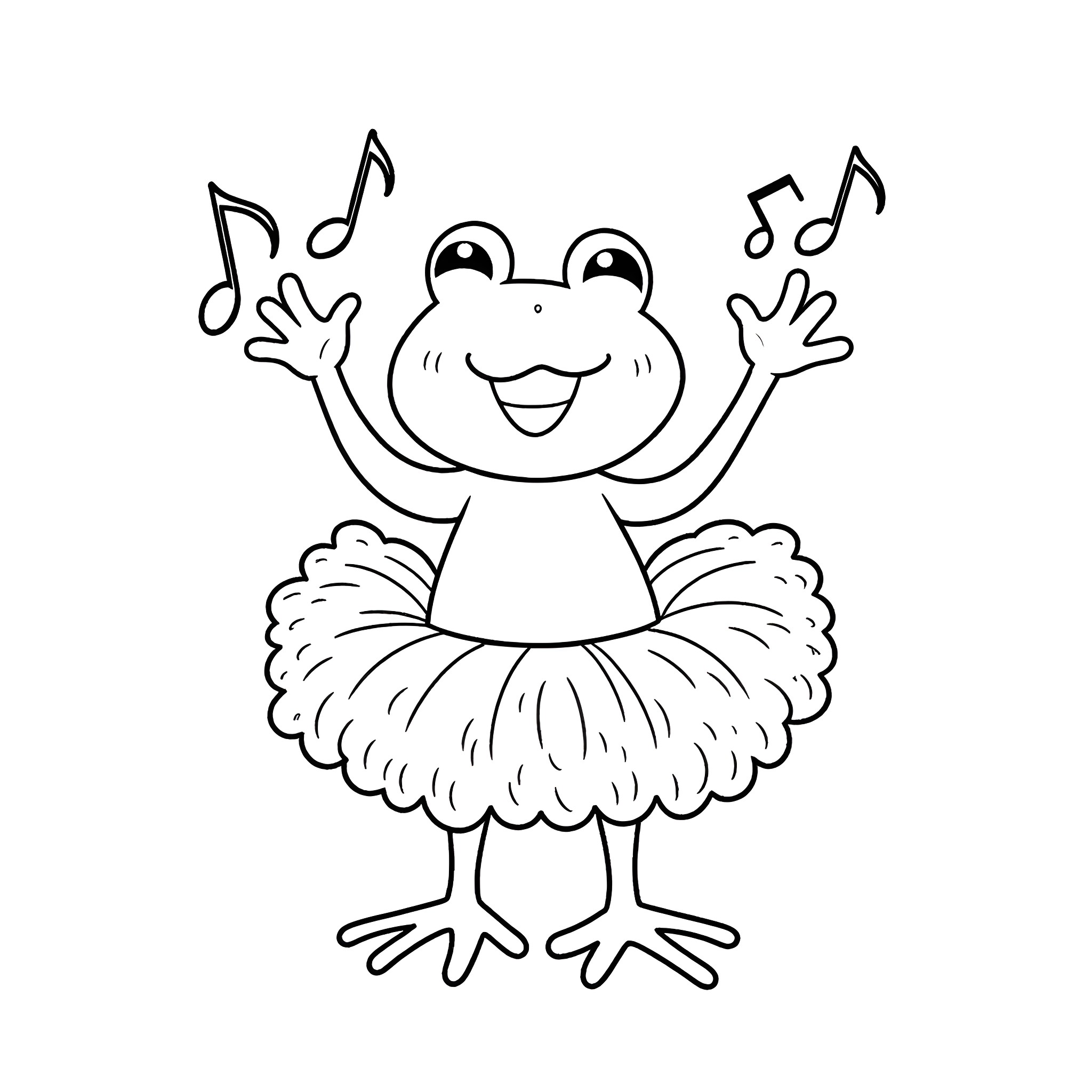 Frog dancing joyfully with music notes Coloring Page (free black-and-white line drawing printable PDF for all, from beginners to advanced learners, including children, teens, adults, and seniors)