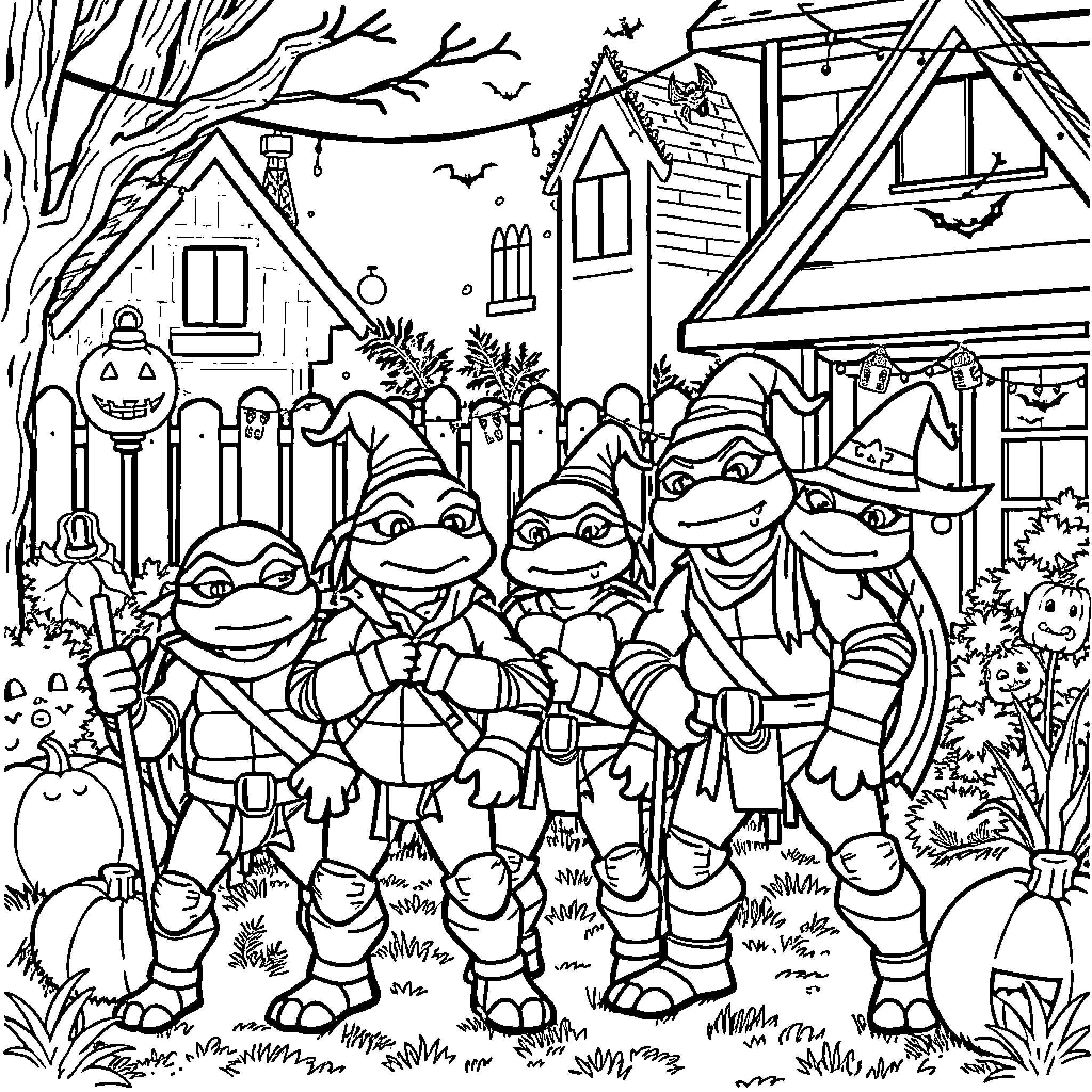 Ninja Turtle characters in a neighborhood scene Coloring Page (free black-and-white line drawing printable PDF for all, from beginners to advanced learners, including children, teens, adults, and seniors)