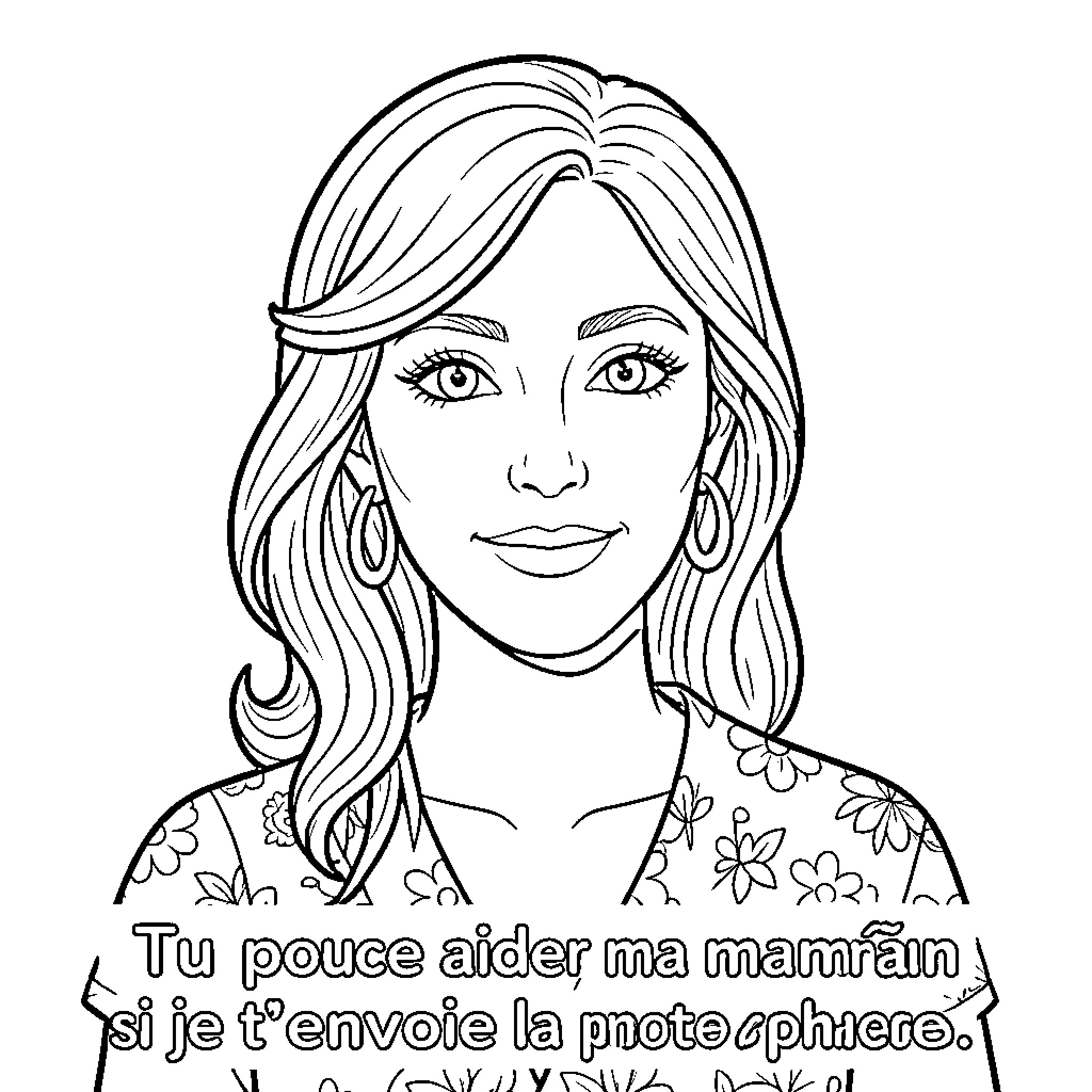 Maman smiling warmly with wavy hair and floral outfit Coloring Page (free black-and-white line drawing printable PDF for all, from beginners to advanced learners, including children, teens, adults, and seniors)