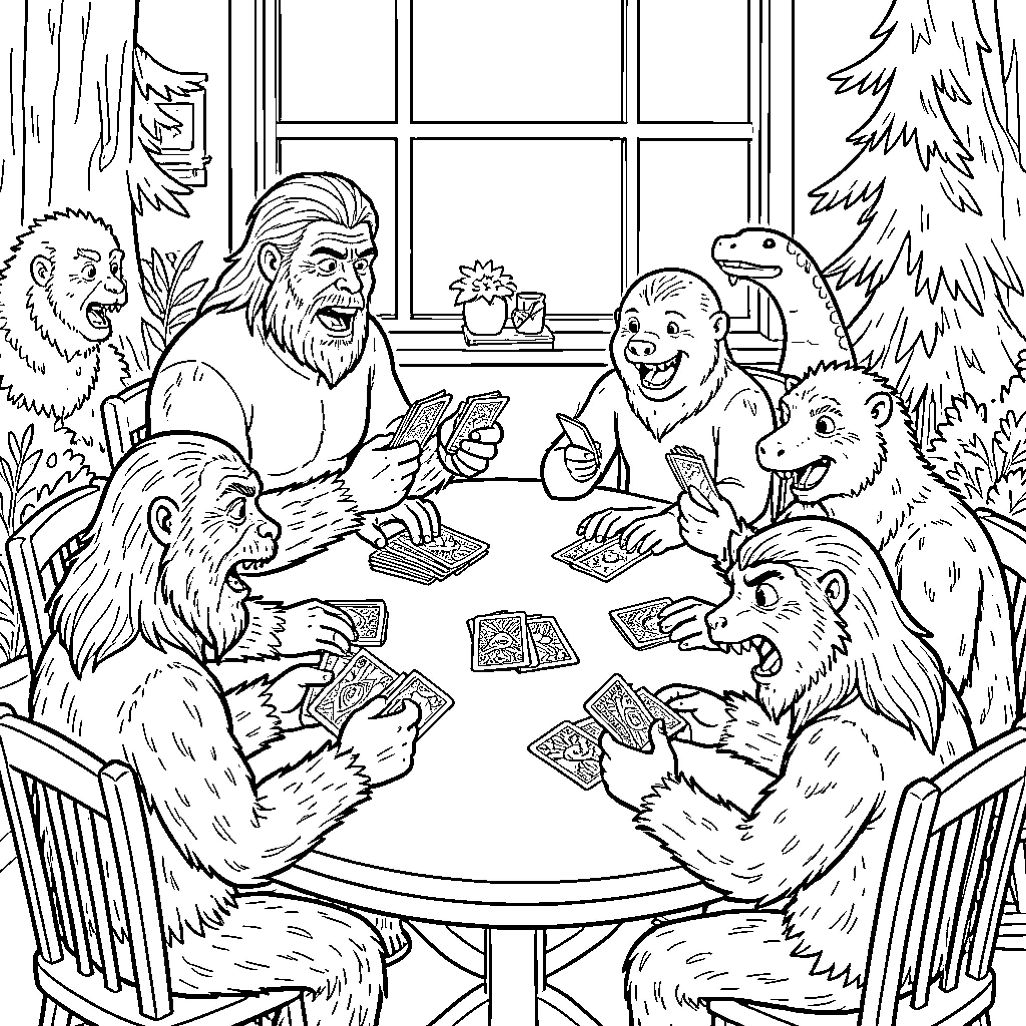Cryptid group playing cards together in a cozy cabin Coloring Page (free black-and-white line drawing printable PDF for all, from beginners to advanced learners, including children, teens, adults, and seniors)