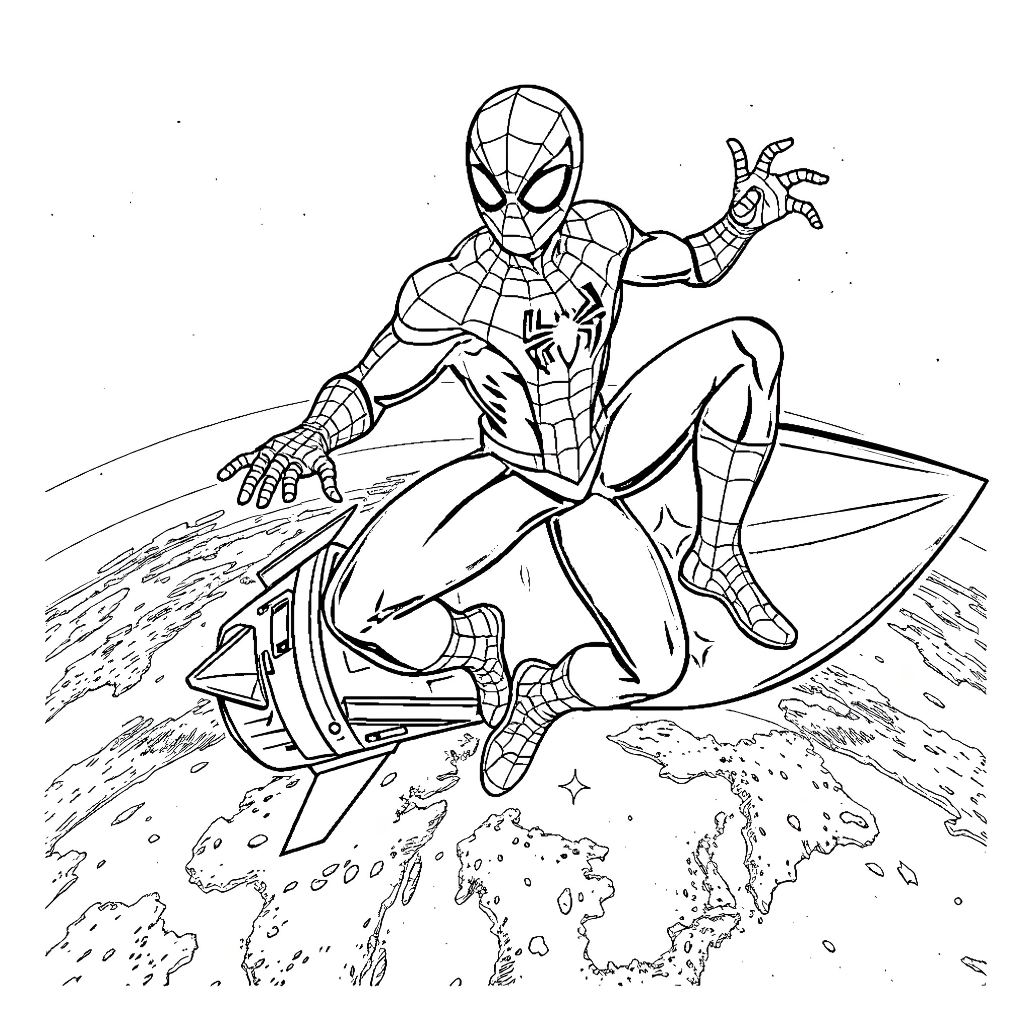 Spider-Man swinging on a web with a jetpack Coloring Page (free black-and-white line drawing printable PDF for all, from beginners to advanced learners, including children, teens, adults, and seniors)