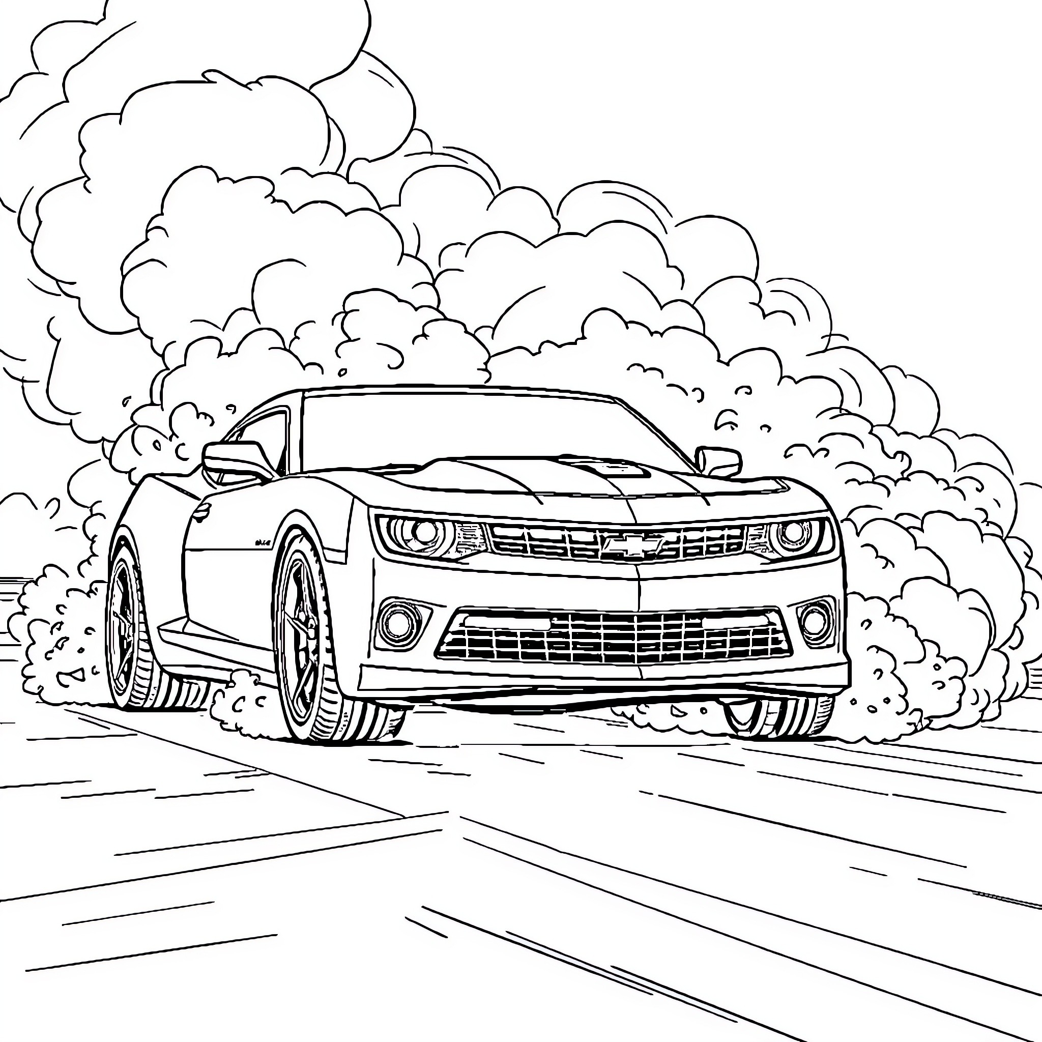 Chevy Camaro speeding through a smoky scene Coloring Page (free black-and-white line drawing printable PDF for all, from beginners to advanced learners, including children, teens, adults, and seniors)