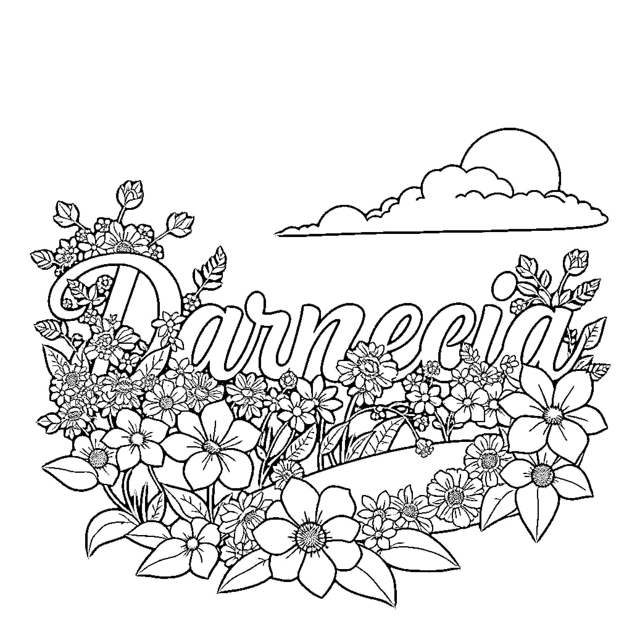 Darnecia's Floral Garden Coloring Page (free black-and-white line drawing printable PDF for all, from beginners to advanced learners, including children, teens, adults, and seniors)