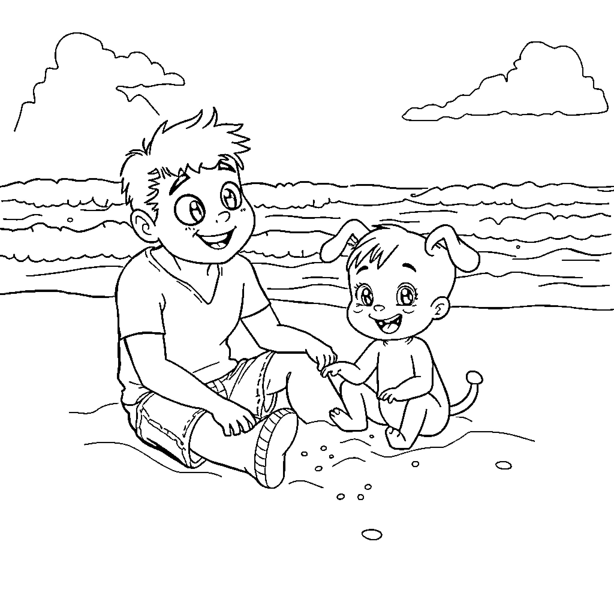 Bluey and friend playing on the beach Coloring Page (free black-and-white line drawing printable PDF for all, from beginners to advanced learners, including children, teens, adults, and seniors)