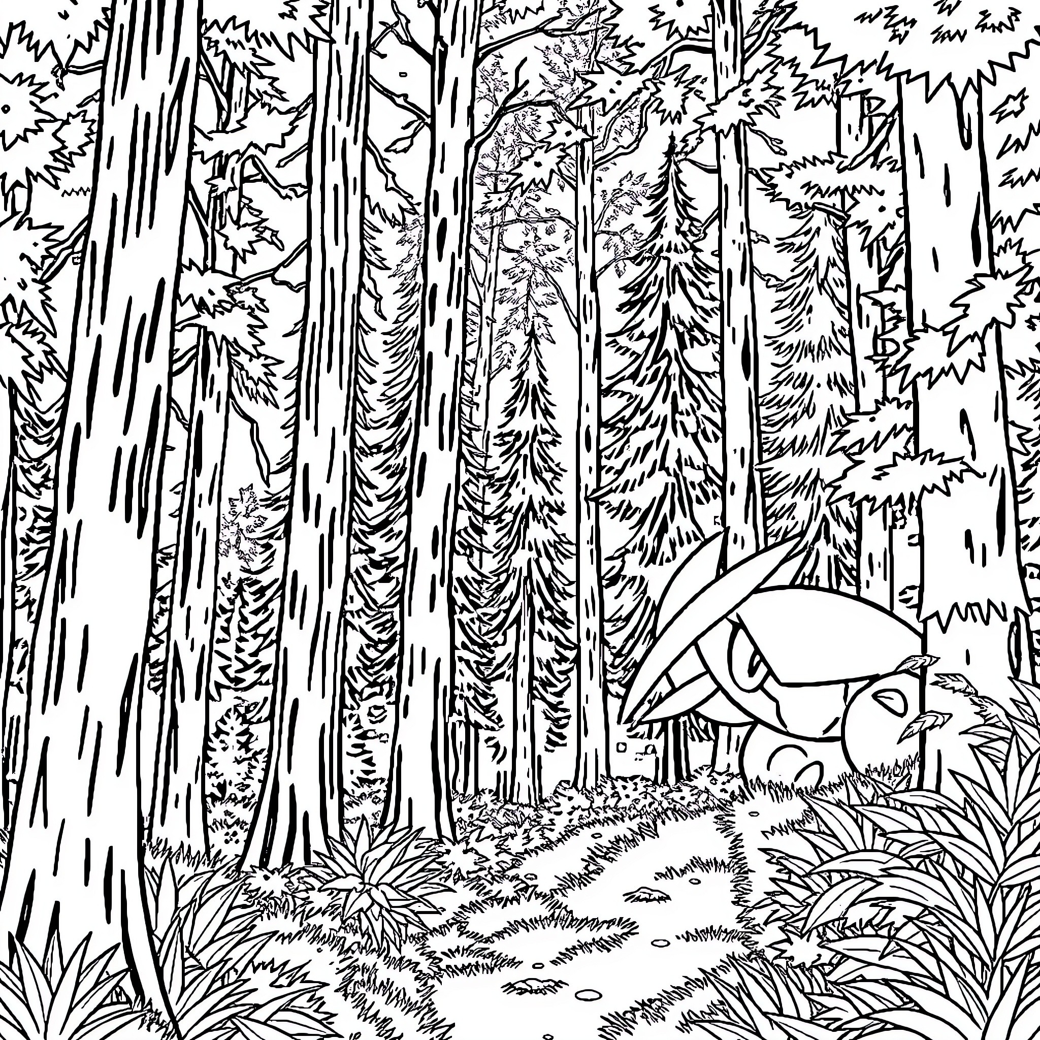 Greninja navigating the dense forest Coloring Page (free black-and-white line drawing printable PDF for all, from beginners to advanced learners, including children, teens, adults, and seniors)
