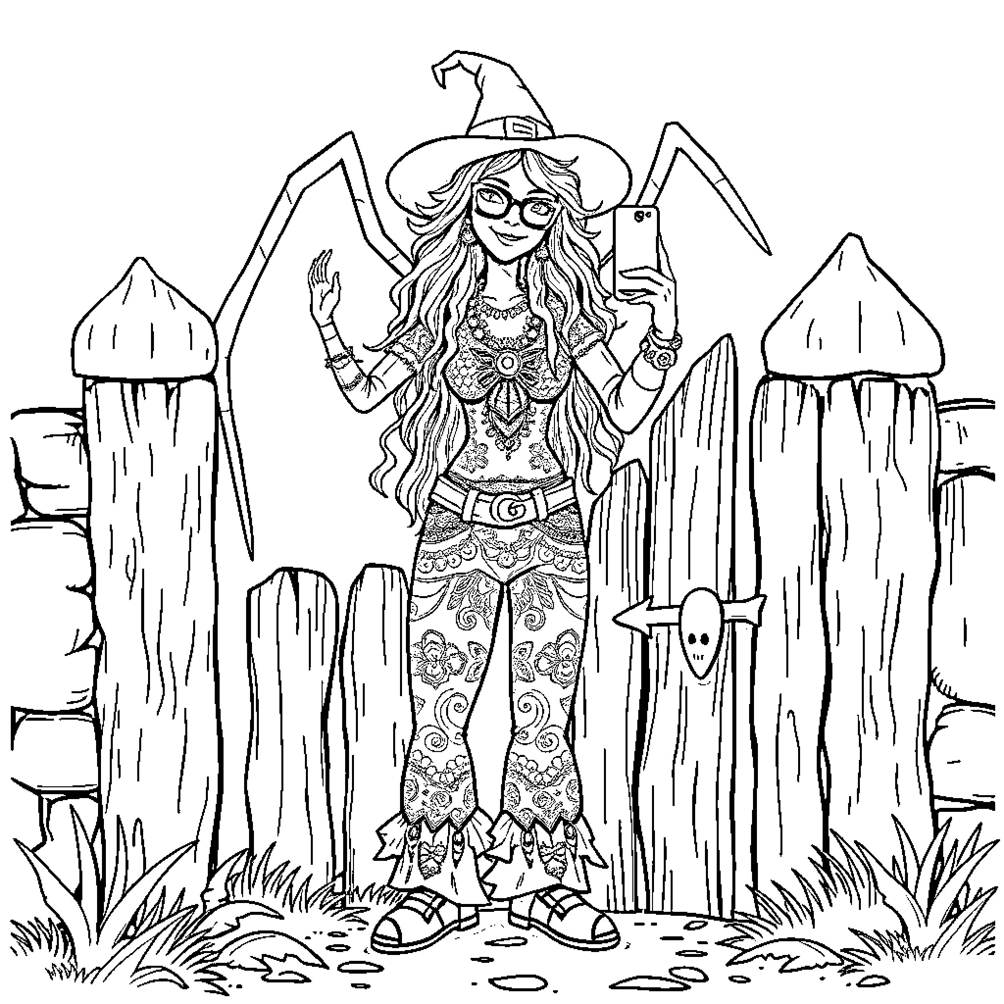 Lady Witch Holding Wand in Enchanted Forest Coloring Page (free black-and-white line drawing printable PDF for all, from beginners to advanced learners, including children, teens, adults, and seniors)