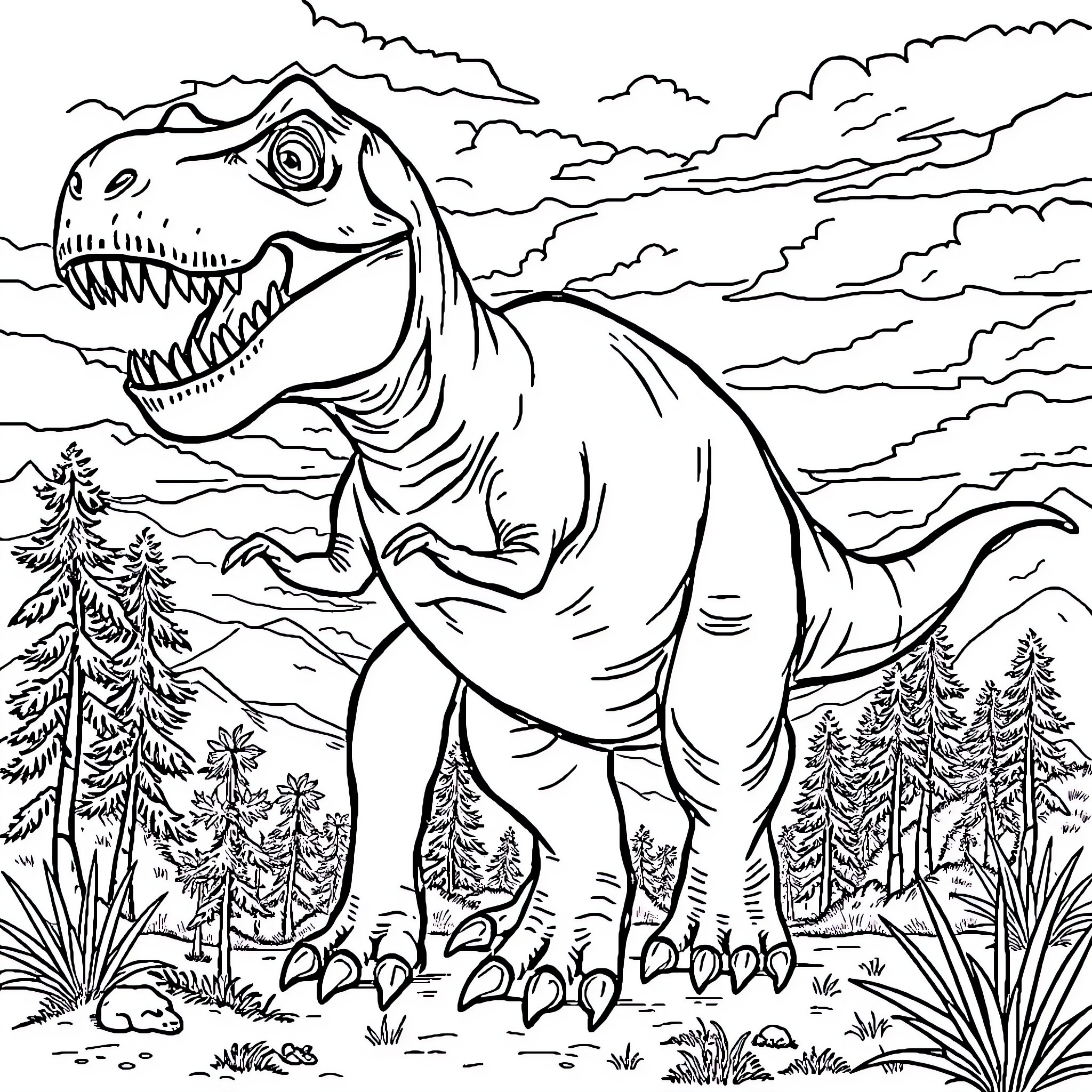 Tyrannosaurus roaring fiercely in the prehistoric landscape Coloring Page (free black-and-white line drawing printable PDF for all, from beginners to advanced learners, including children, teens, adults, and seniors)