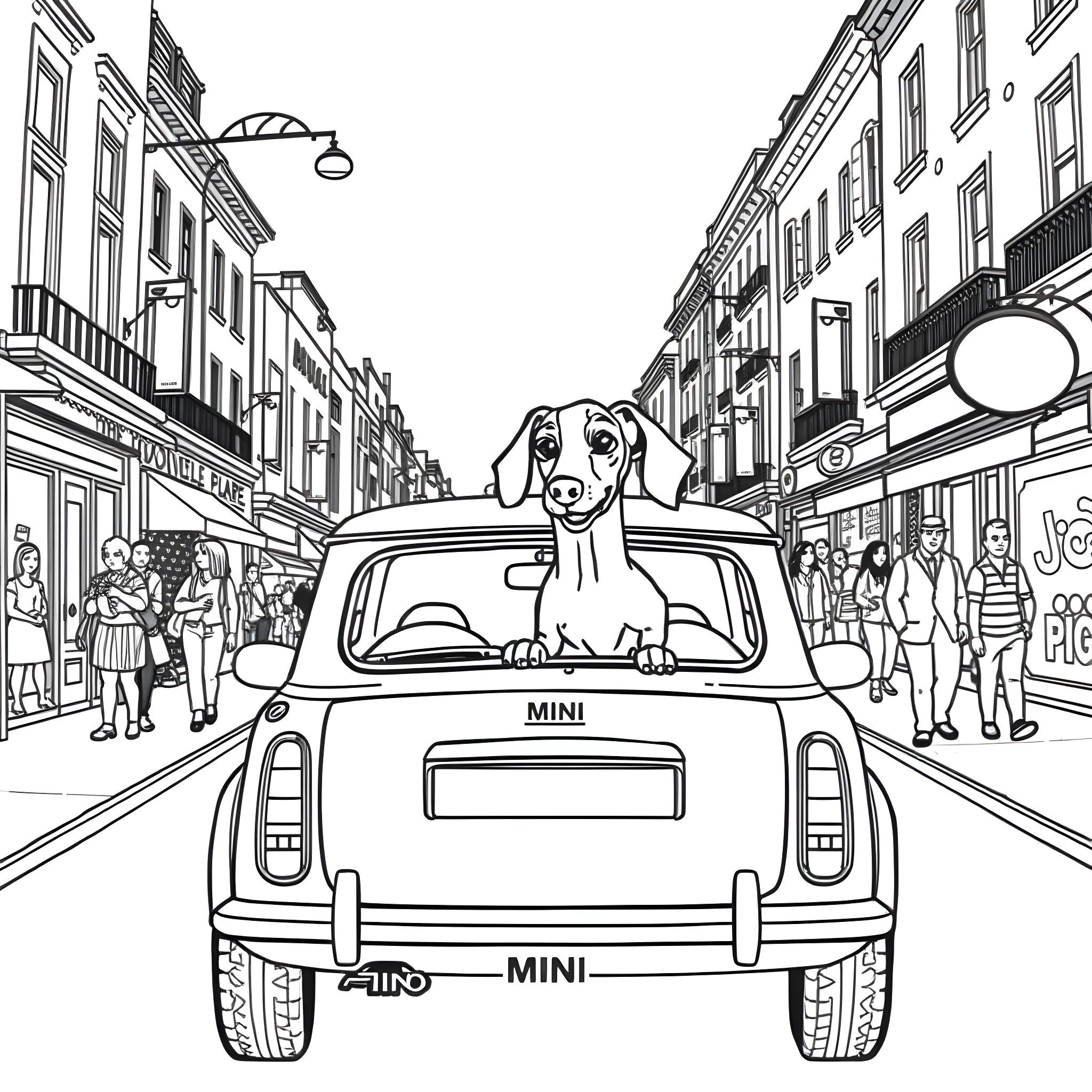 Dachshund enjoying a ride in a Mini car on a city street Coloring Page (free black-and-white line drawing printable PDF for all, from beginners to advanced learners, including children, teens, adults, and seniors)
