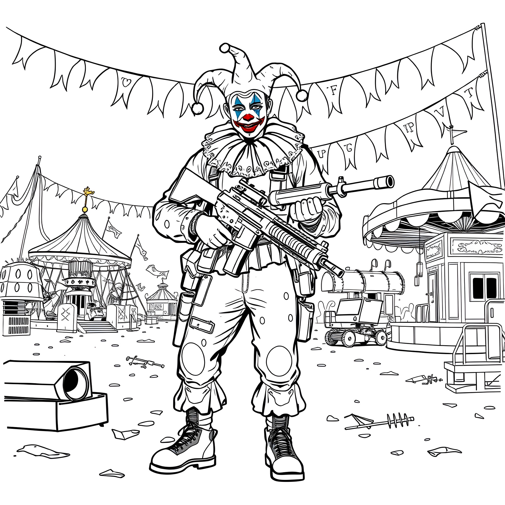 Soldier Stands Armed in Carnival Fairground Coloring Page (free black-and-white line drawing printable PDF for all, from beginners to advanced learners, including children, teens, adults, and seniors)