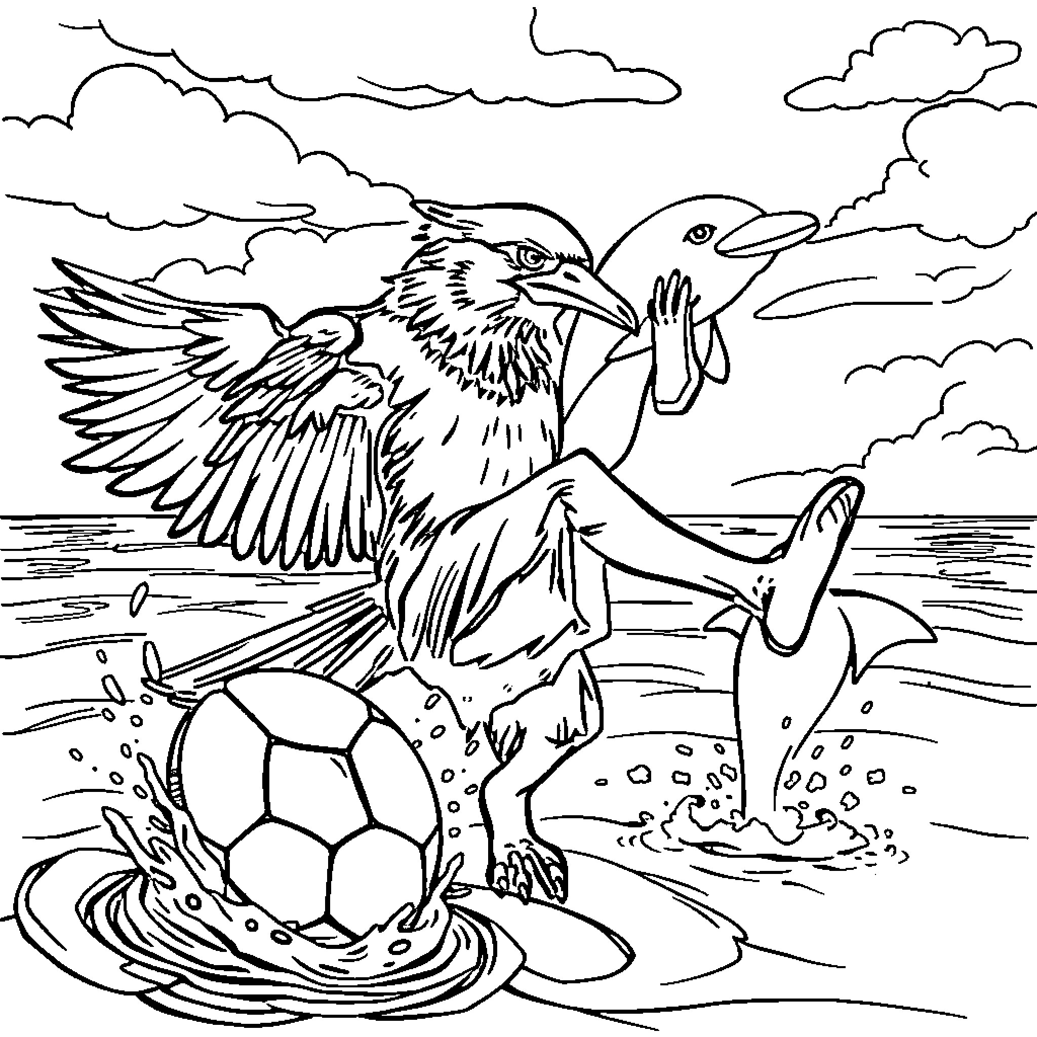 Raven spreading its wings near a soccer ball in the water Coloring Page (free black-and-white line drawing printable PDF for all, from beginners to advanced learners, including children, teens, adults, and seniors)