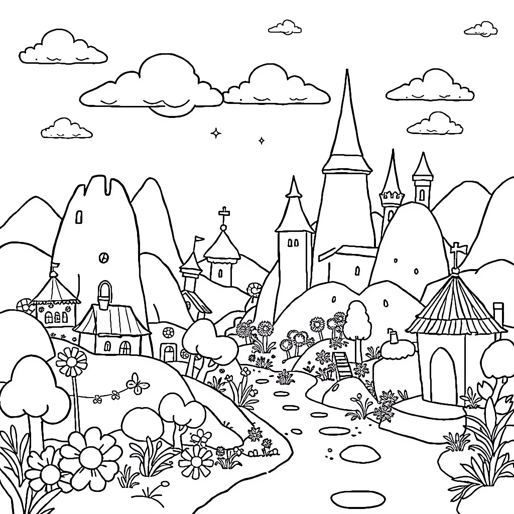 Animetio Enchanting Castles and Whimsical Landscapes Coloring Page (free black-and-white line drawing printable PDF for all, from beginners to advanced learners, including children, teens, adults, and seniors)