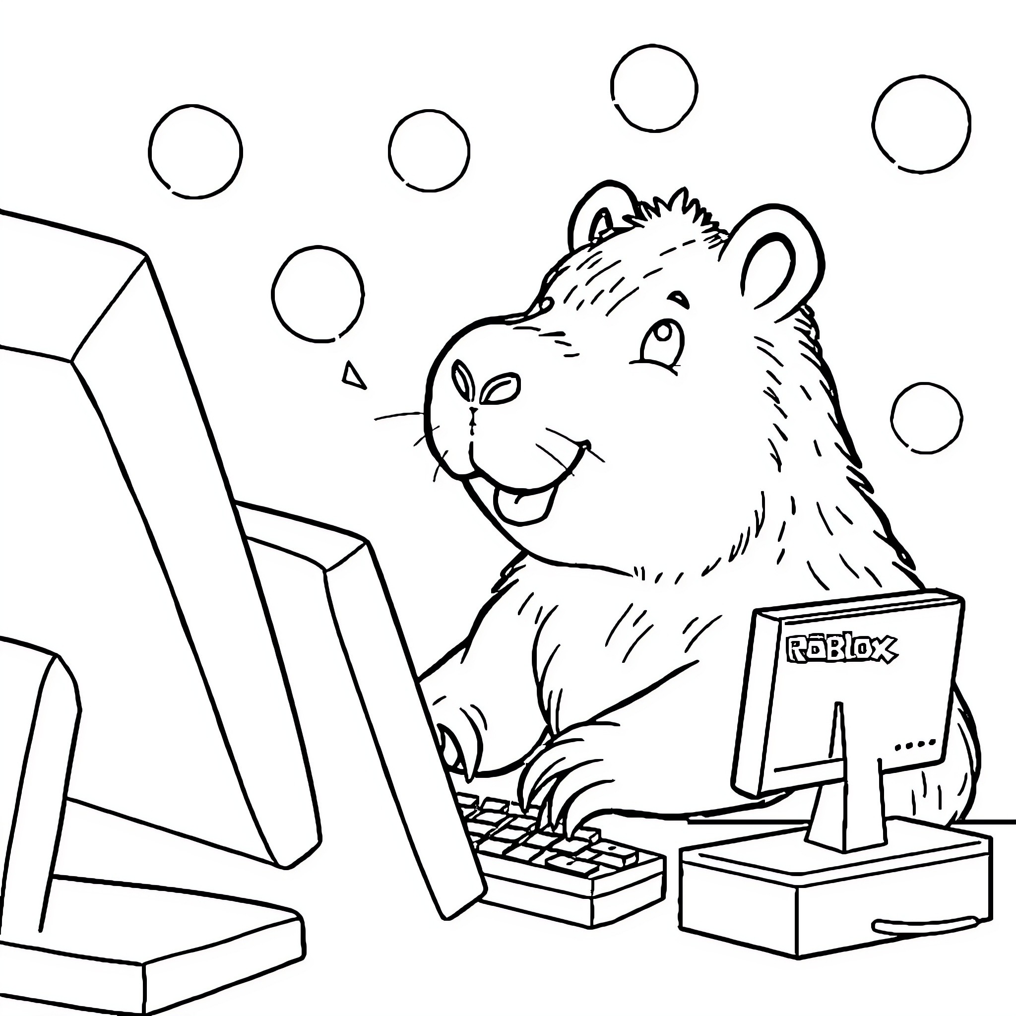 Capybara playing happily with computer Coloring Page (free black-and-white line drawing printable PDF for all, from beginners to advanced learners, including children, teens, adults, and seniors)