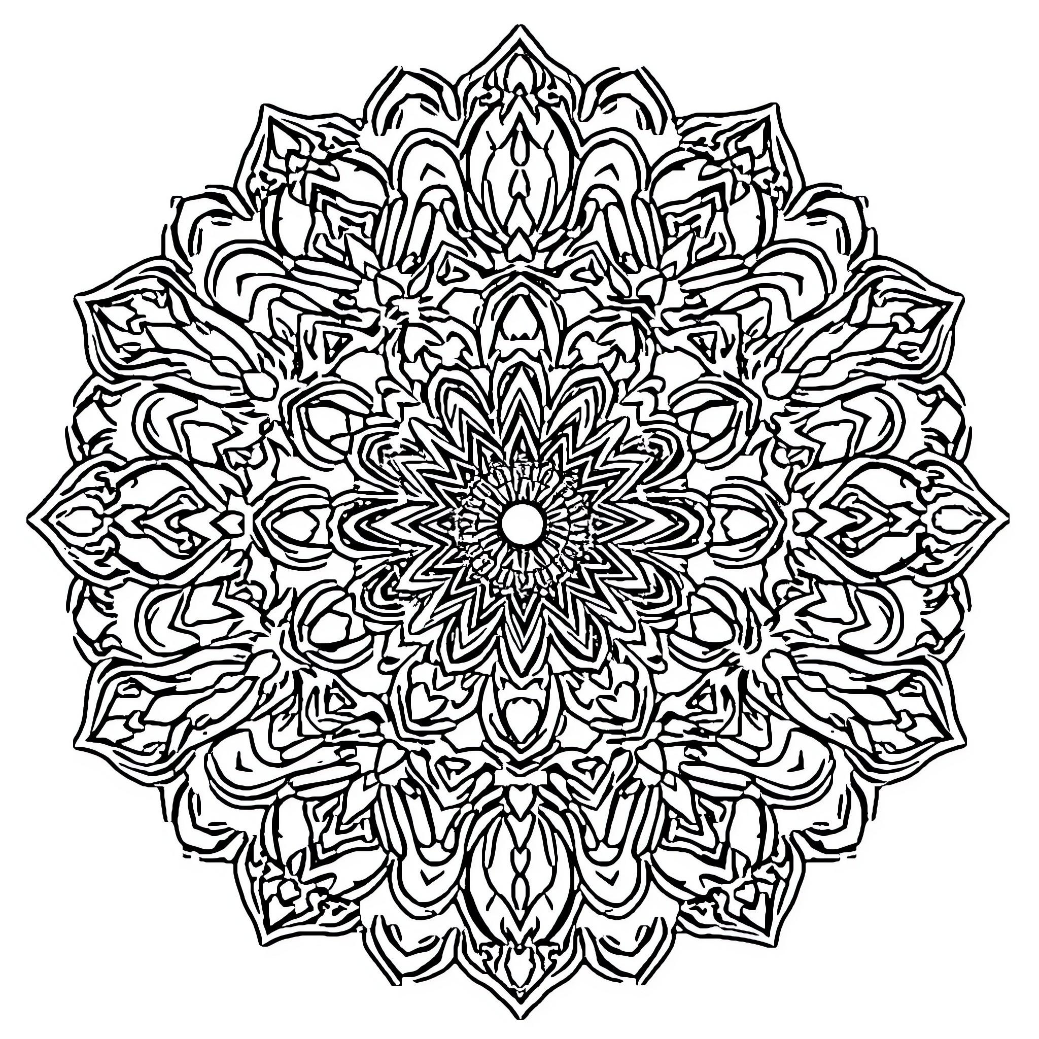 Mandala of intricate symmetrical floral patterns Coloring Page (free black-and-white line drawing printable PDF for all, from beginners to advanced learners, including children, teens, adults, and seniors)