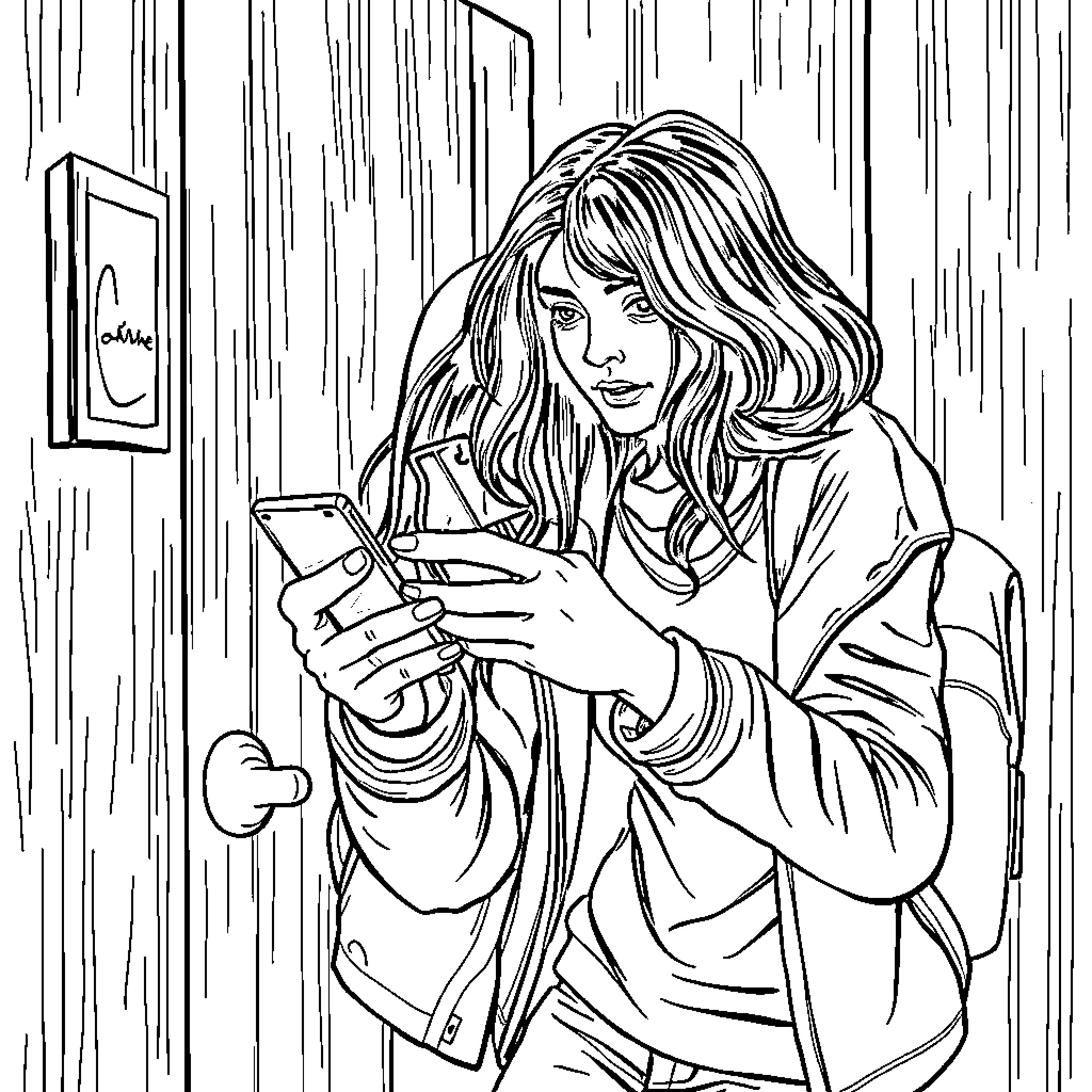 Friend in thoughtful moment with phone Coloring Page (free black-and-white line drawing printable PDF for all, from beginners to advanced learners, including children, teens, adults, and seniors)