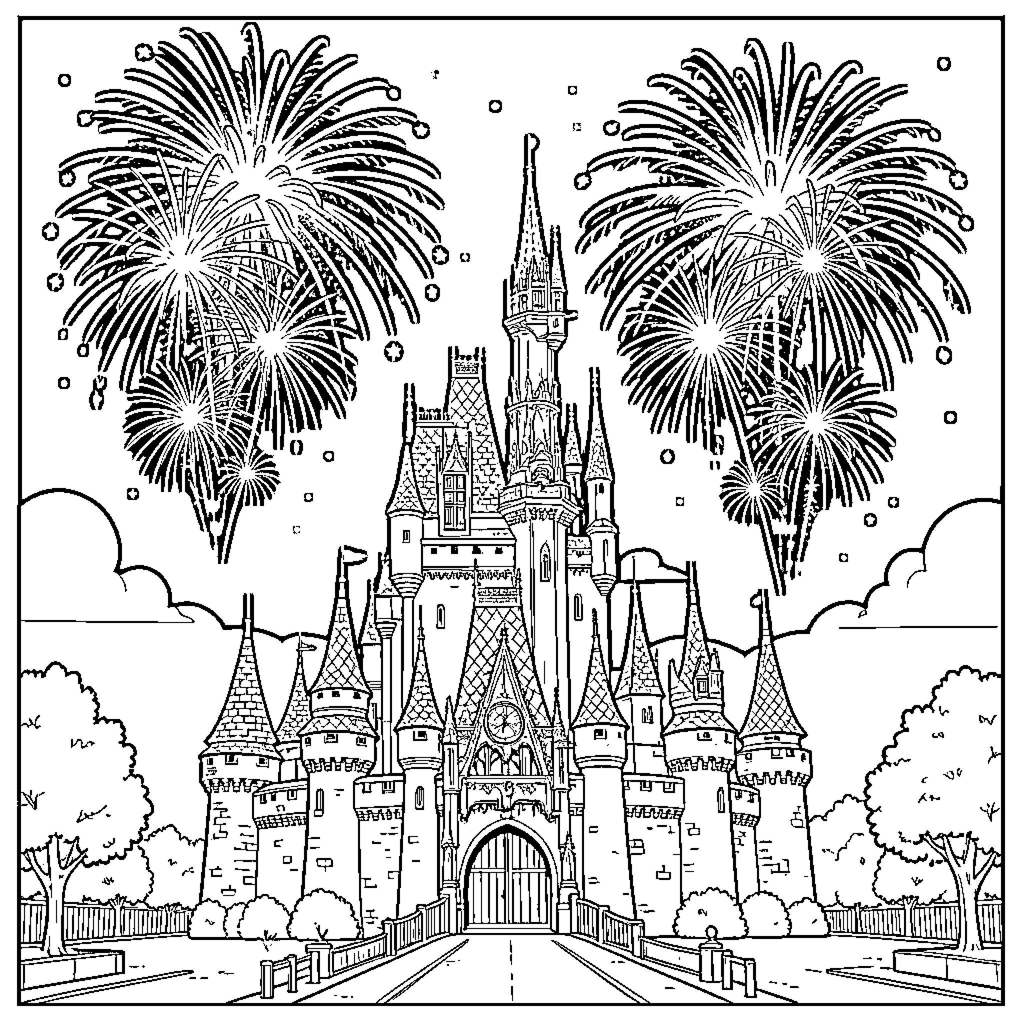 Castle with Fireworks Display Coloring Page (free black-and-white line drawing printable PDF for all, from beginners to advanced learners, including children, teens, adults, and seniors)