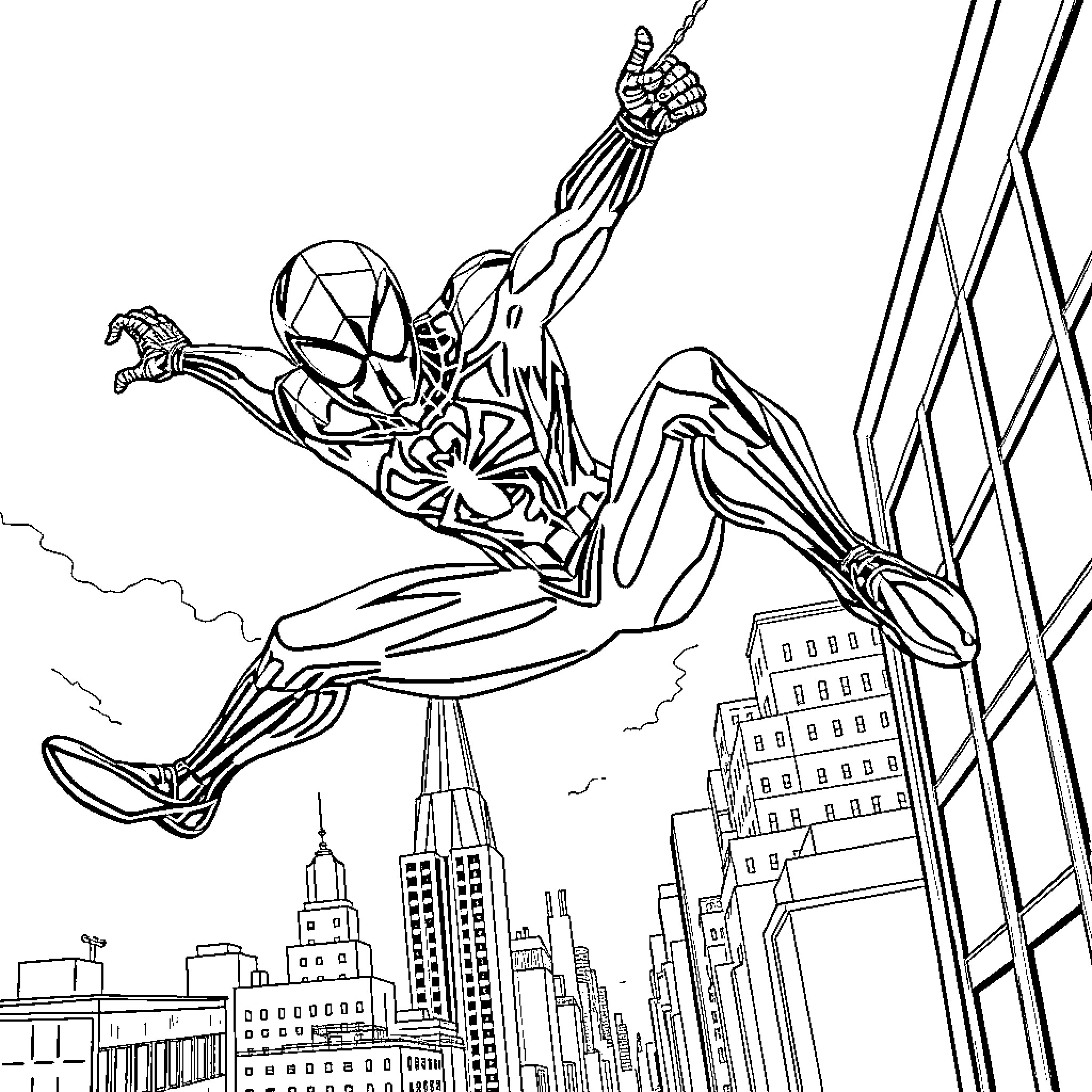 Spider-Man swinging through the city skyline Coloring Page (free black-and-white line drawing printable PDF for all, from beginners to advanced learners, including children, teens, adults, and seniors)