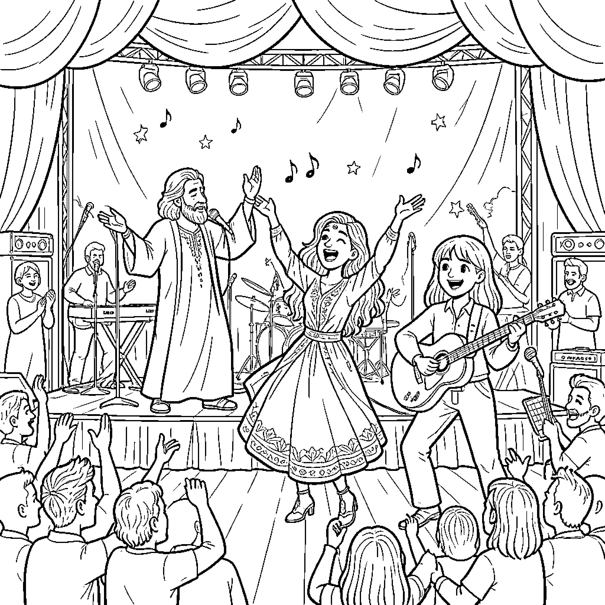 Rumi performing musical songs on a stage with dancers Coloring Page (free black-and-white line drawing printable PDF for all, from beginners to advanced learners, including children, teens, adults, and seniors)