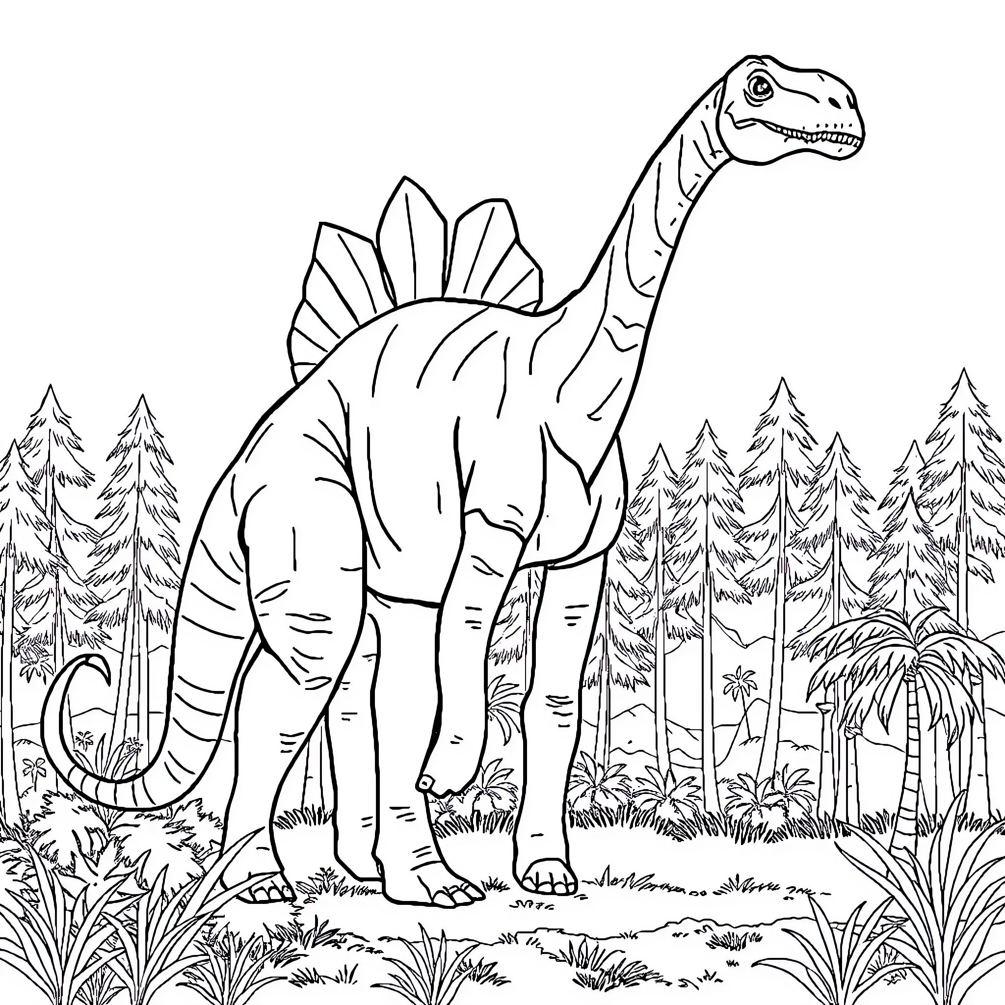 Brachiosaurus exploring the prehistoric landscape Coloring Page (free black-and-white line drawing printable PDF for all, from beginners to advanced learners, including children, teens, adults, and seniors)